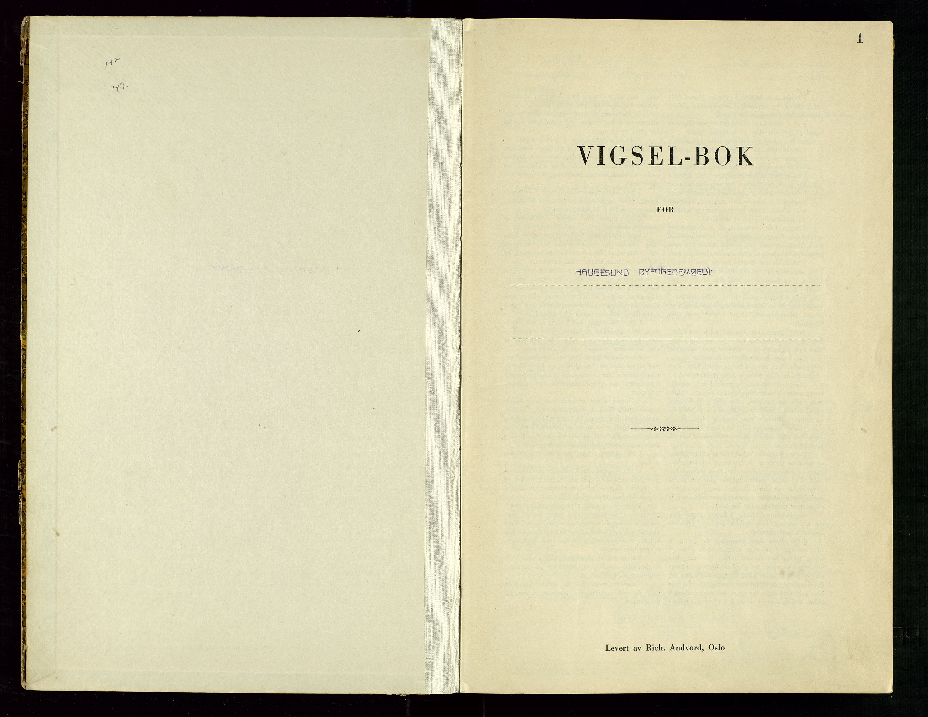 Haugesund tingrett, AV/SAST-A-101415/01/III/IIID/L0004: Vigselbok, 1943-1944, s. 1