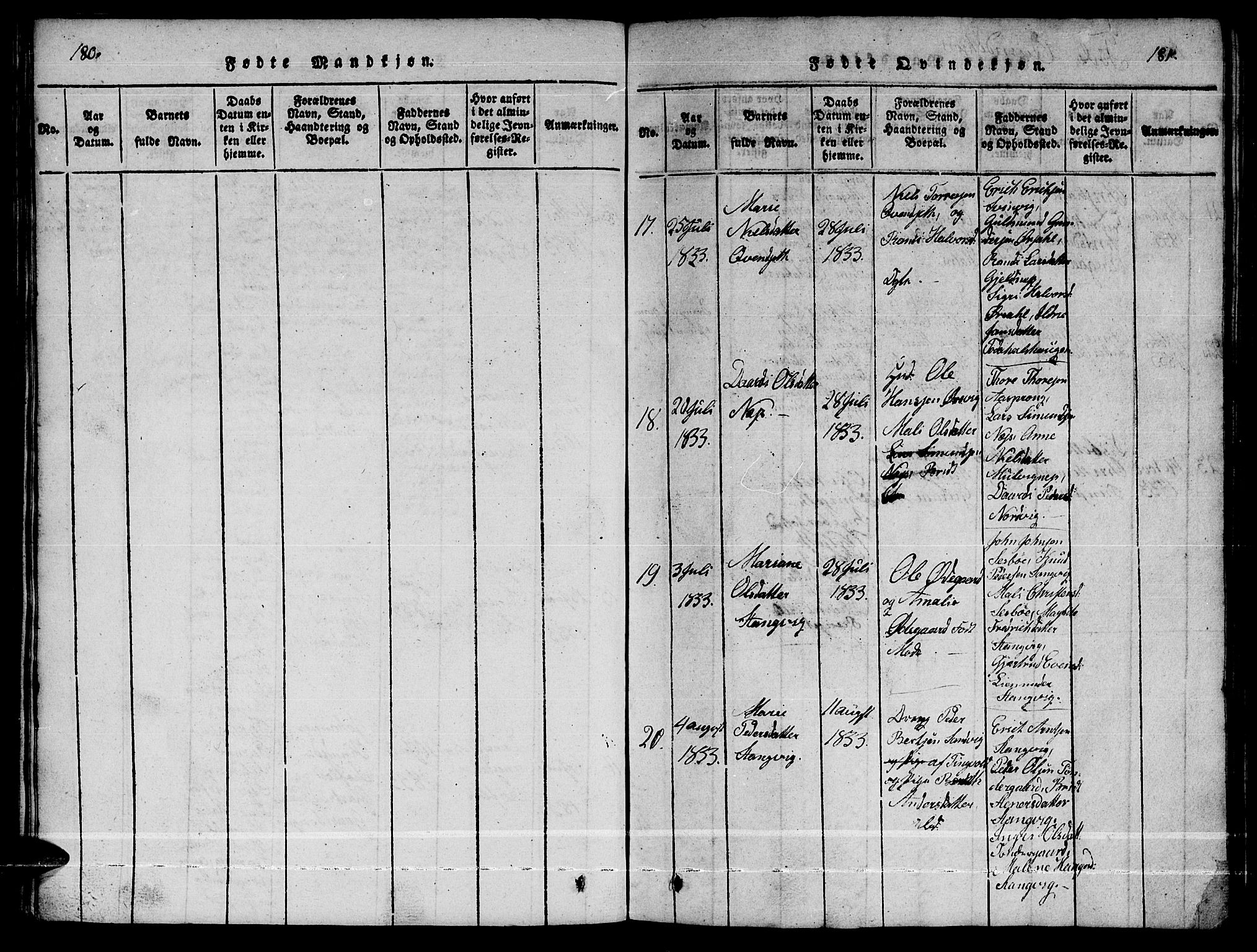 Ministerialprotokoller, klokkerbøker og fødselsregistre - Møre og Romsdal, AV/SAT-A-1454/592/L1031: Klokkerbok nr. 592C01, 1820-1833, s. 180-181