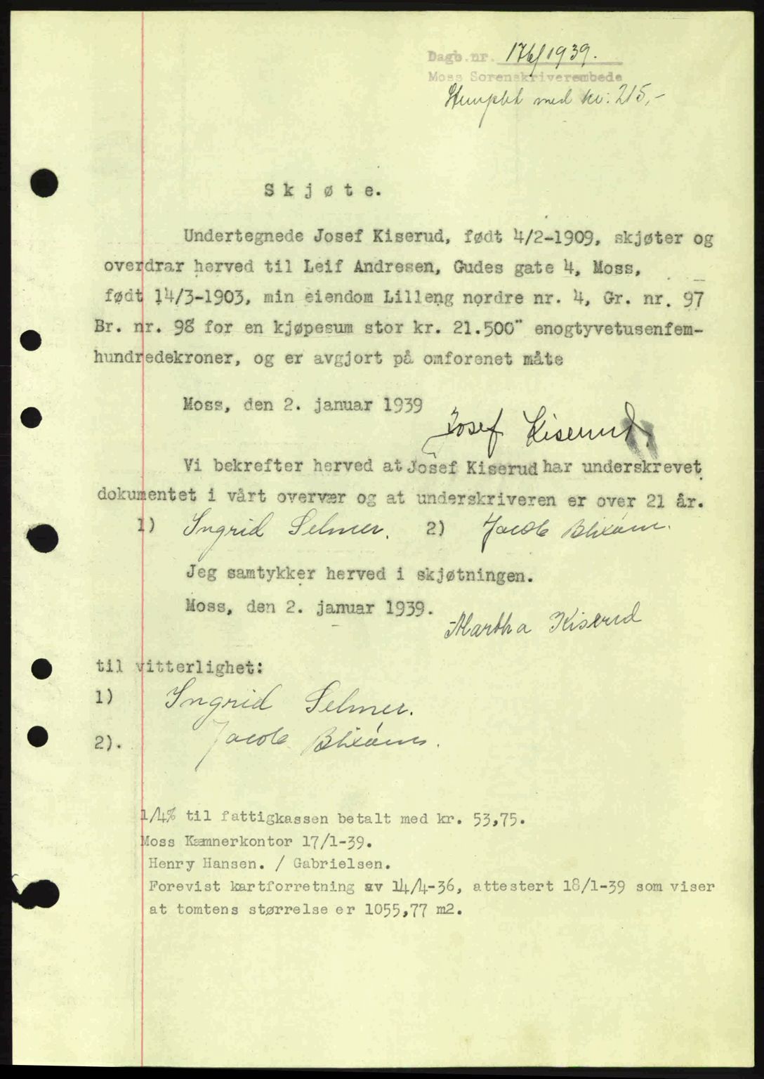 Moss sorenskriveri, SAO/A-10168: Pantebok nr. A5, 1938-1939, Dagboknr: 176/1939