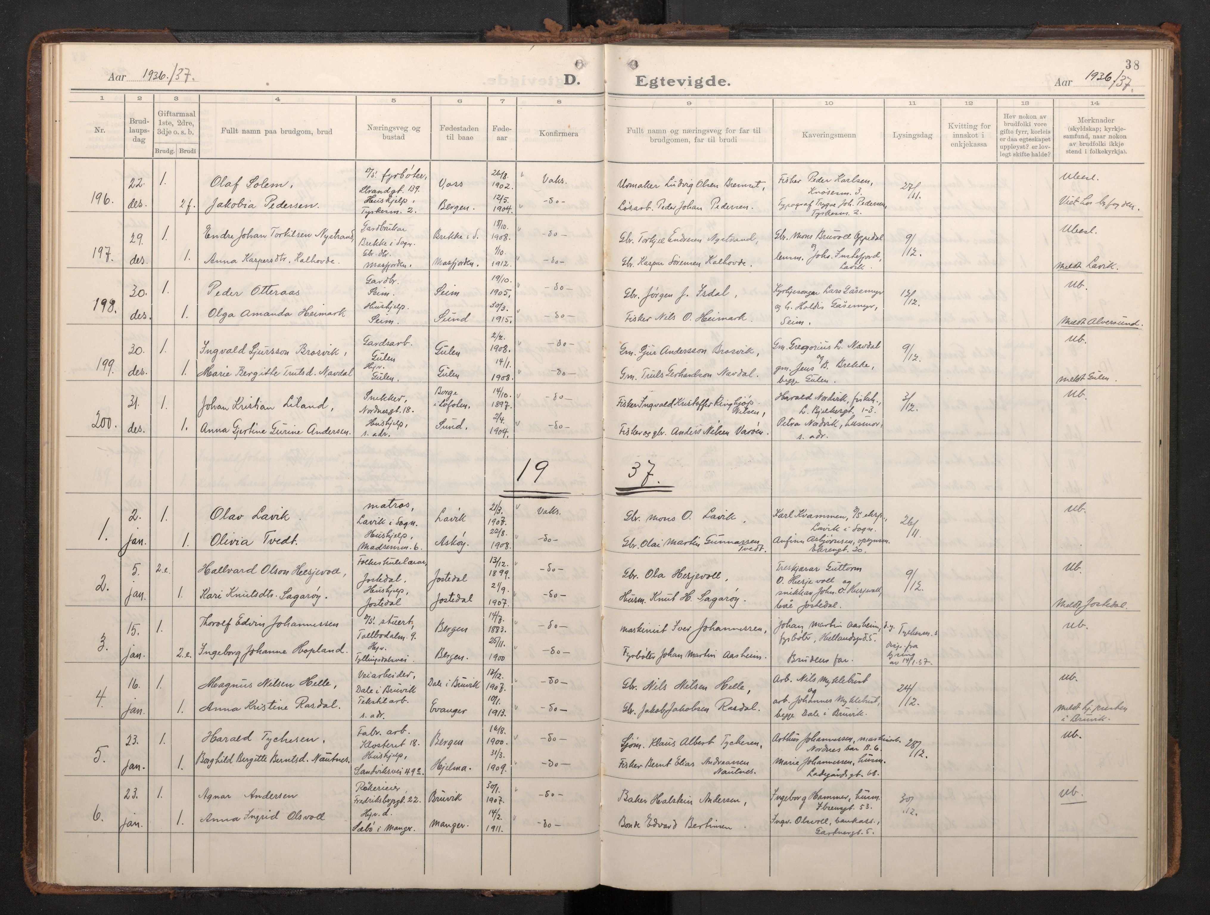 Nykirken Sokneprestembete, AV/SAB-A-77101/H/Haa/L0039: Ministerialbok nr. D 9, 1935-1946, s. 37b-38a