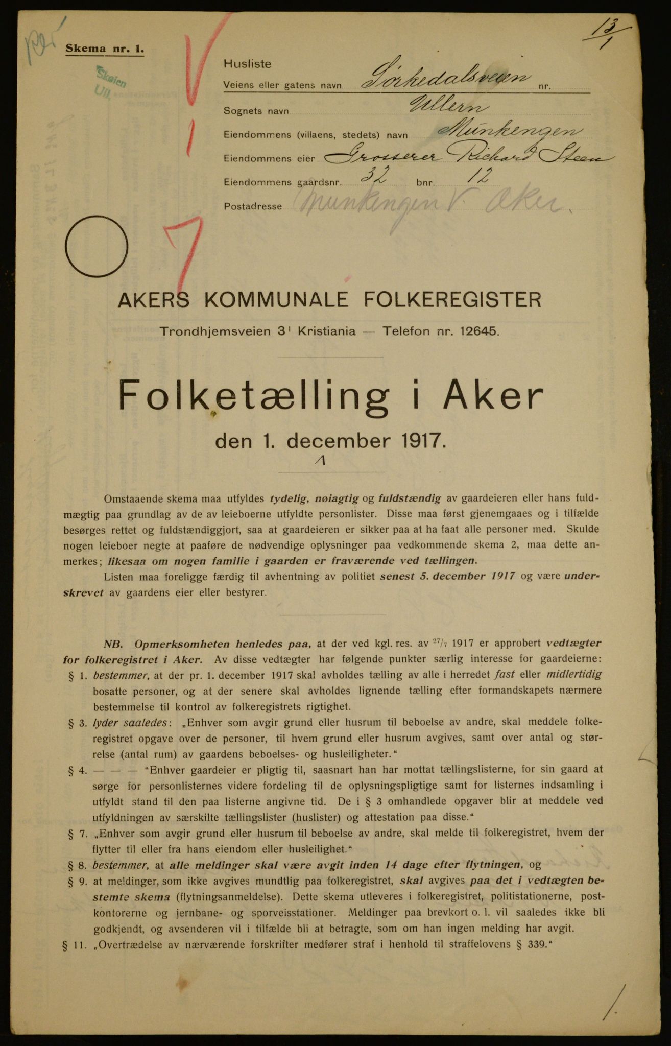 OBA, Kommunal folketelling 1.12.1917 for Aker, 1917, s. 63