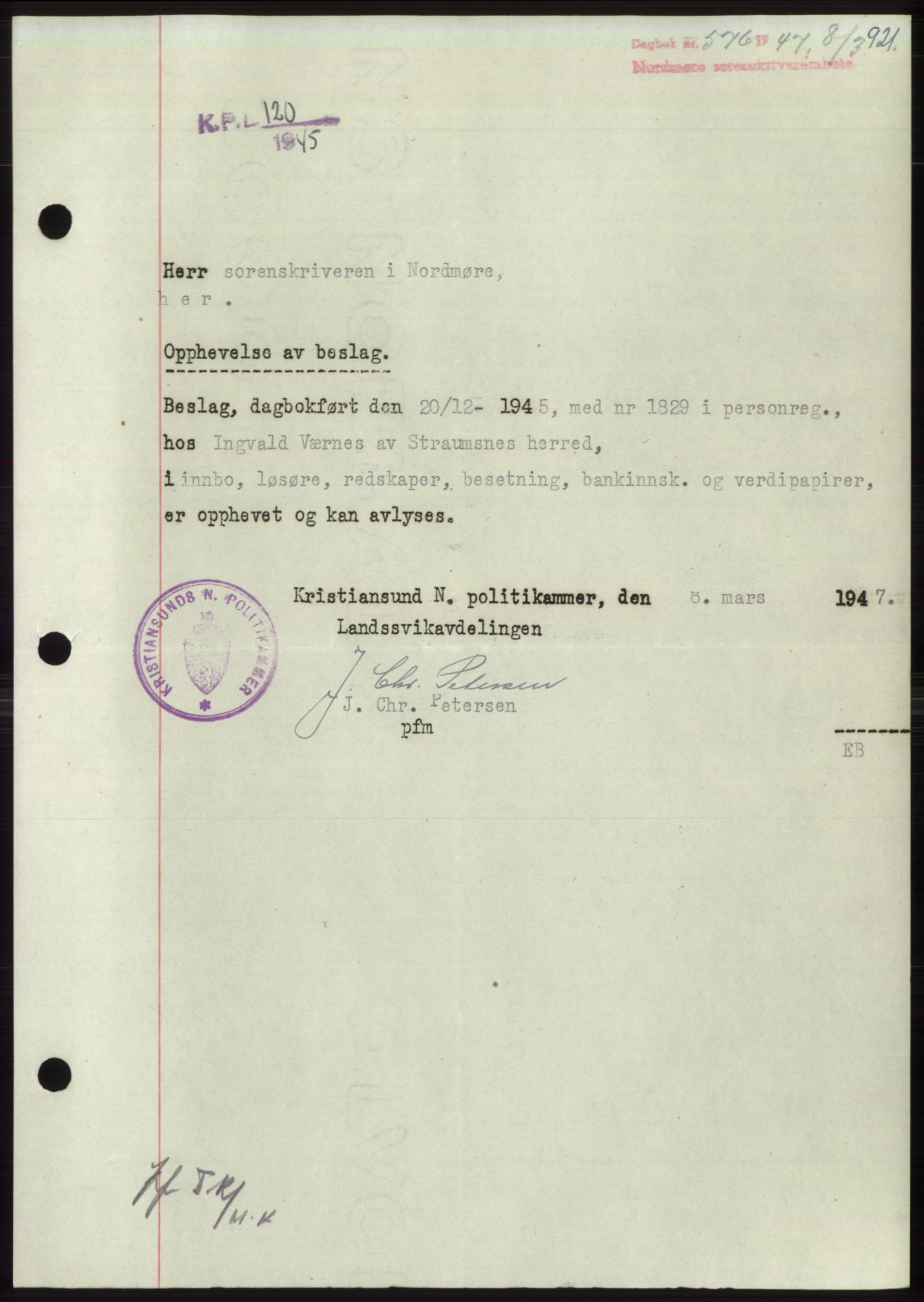 Nordmøre sorenskriveri, SAT/A-4132/1/2/2Ca: Pantebok nr. B95, 1946-1947, Dagboknr: 576/1947