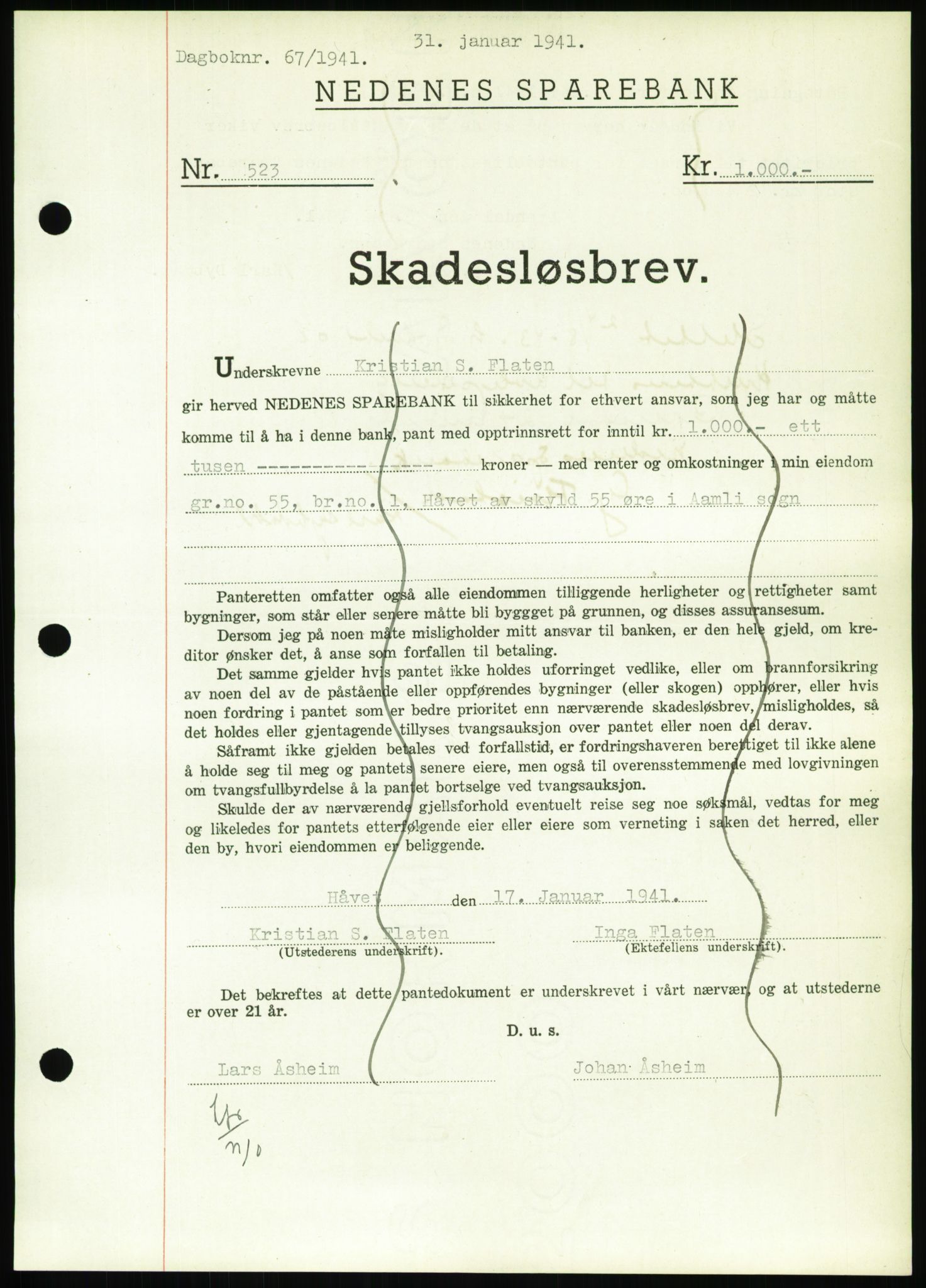 Nedenes sorenskriveri, SAK/1221-0006/G/Gb/Gbb/L0001: Pantebok nr. I, 1939-1942, Dagboknr: 67/1941