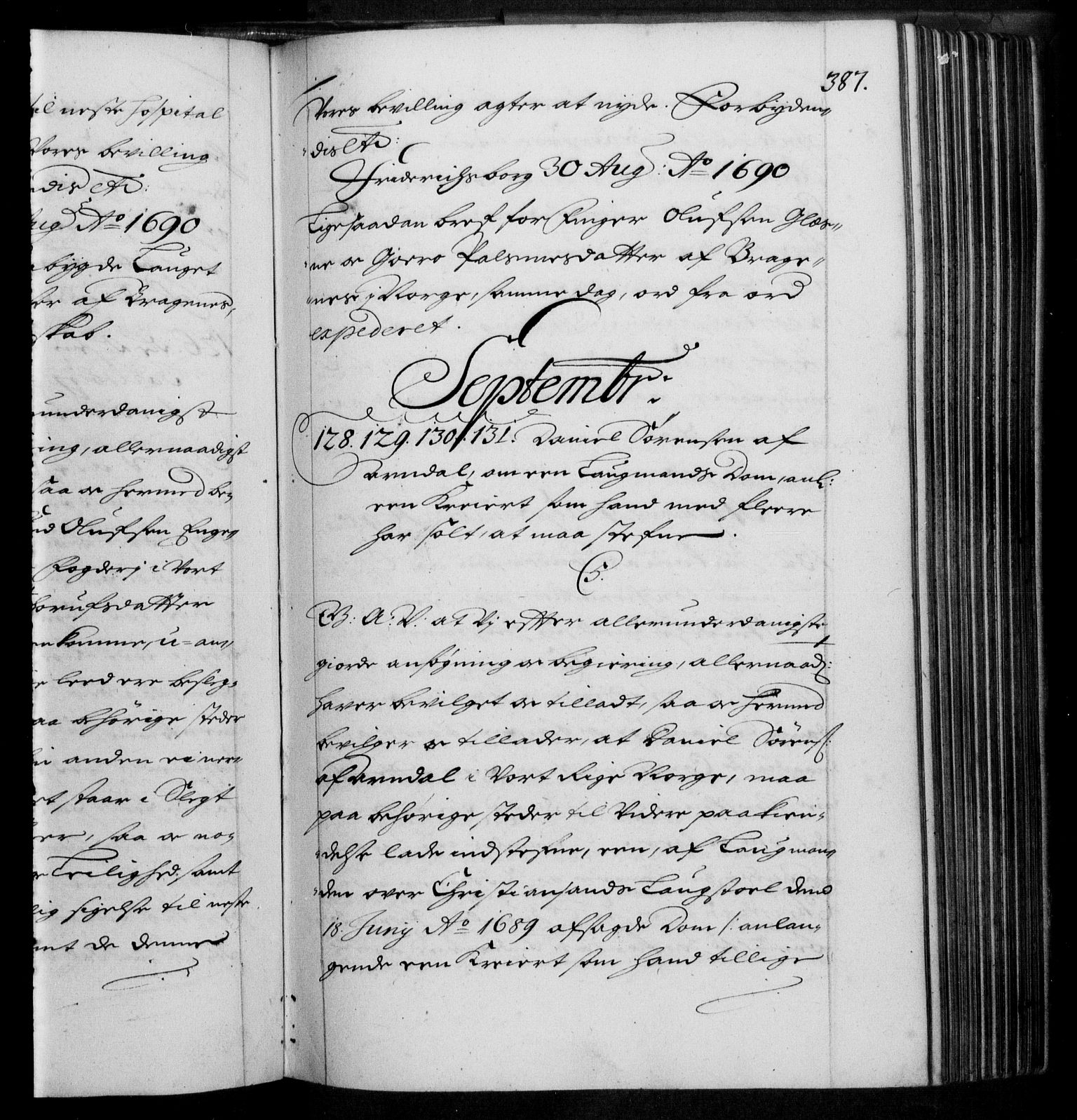 Danske Kanselli 1572-1799, RA/EA-3023/F/Fc/Fca/Fcaa/L0015: Norske registre (mikrofilm), 1688-1691, s. 387a