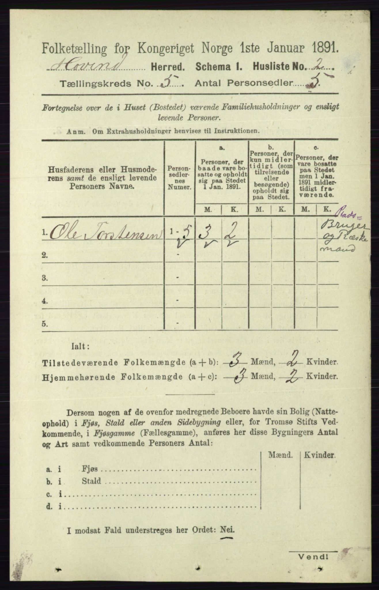 RA, Folketelling 1891 for 0825 Hovin herred, 1891, s. 961