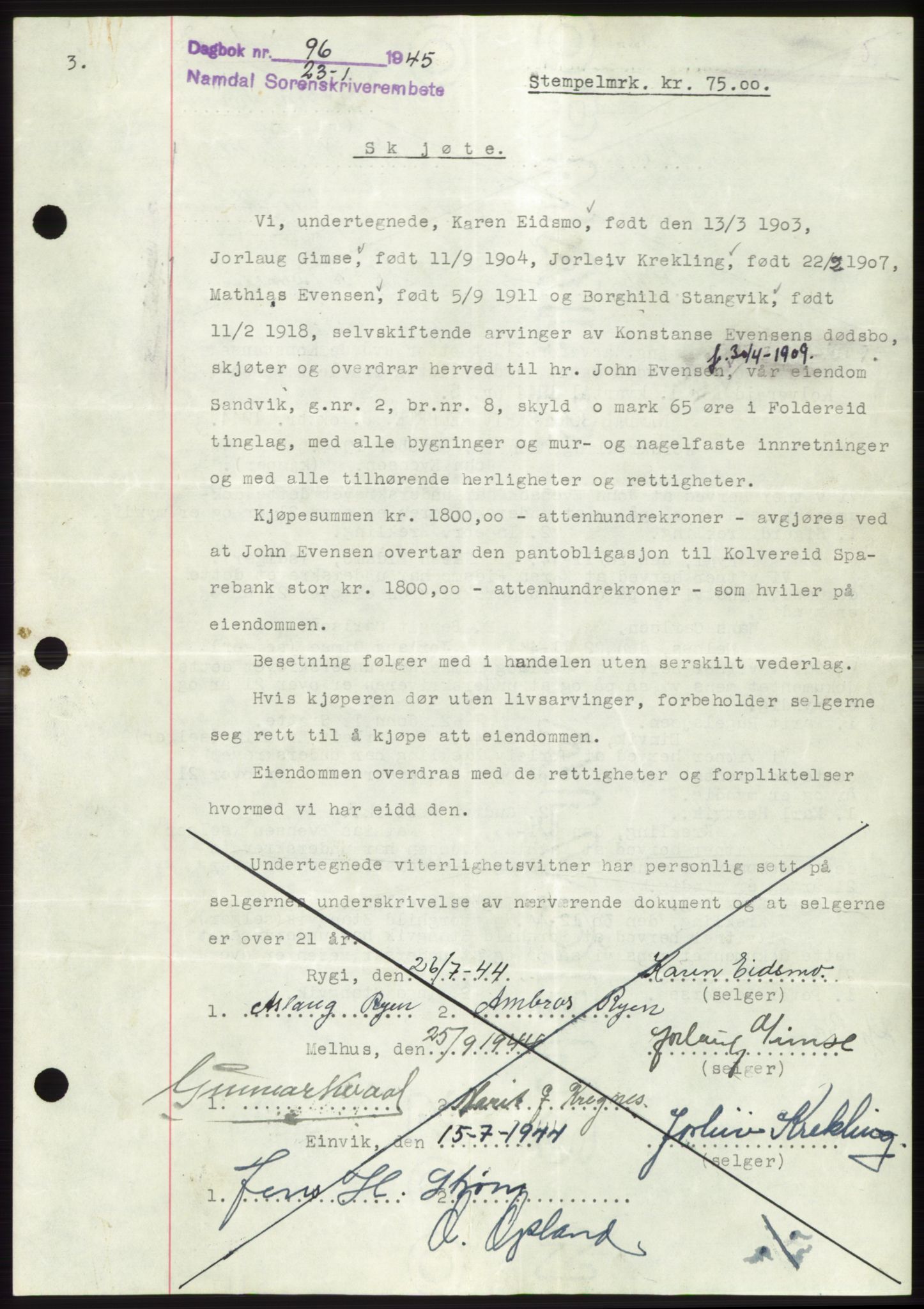 Namdal sorenskriveri, SAT/A-4133/1/2/2C: Pantebok nr. -, 1944-1945, Dagboknr: 96/1945