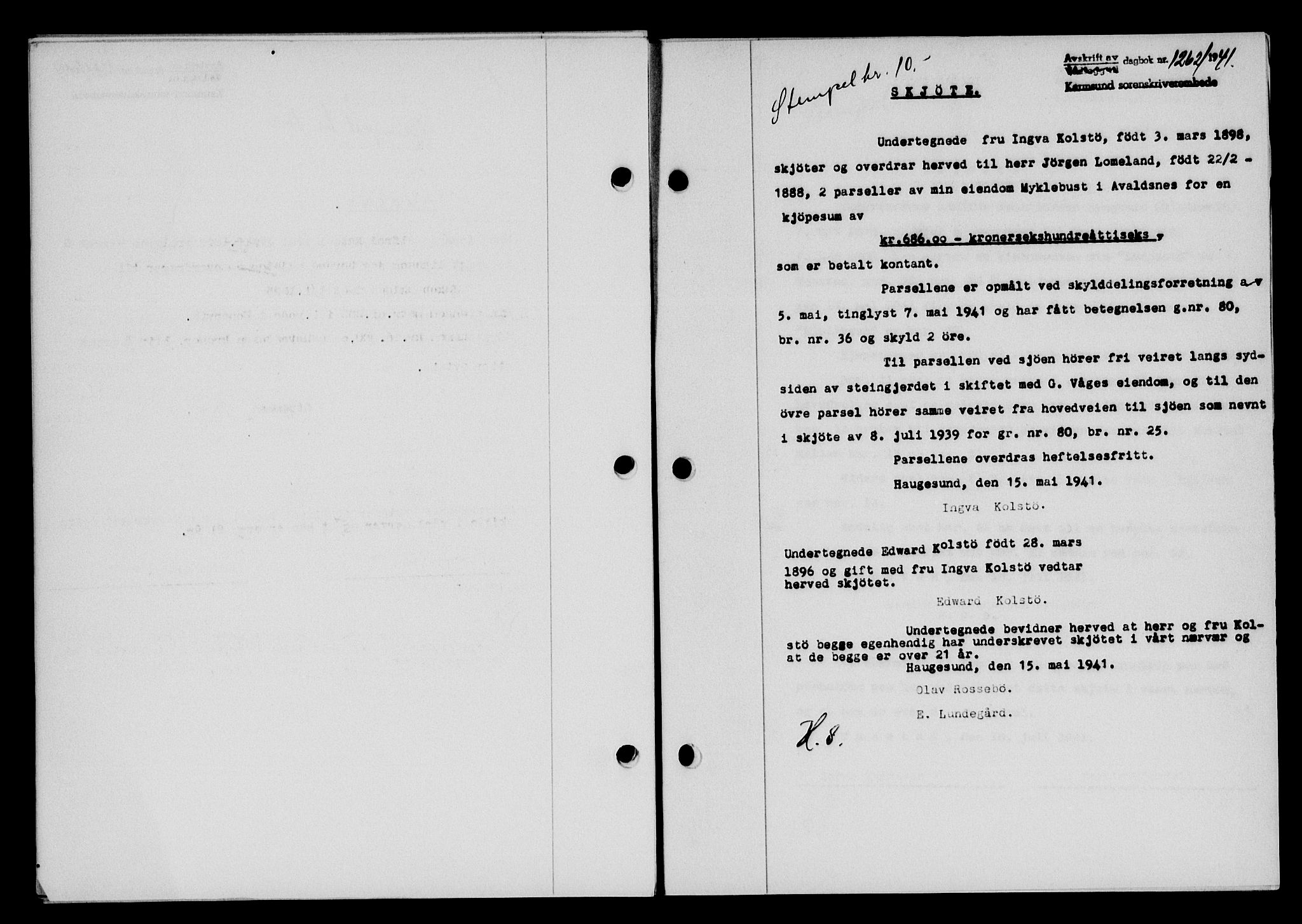 Karmsund sorenskriveri, SAST/A-100311/01/II/IIB/L0075: Pantebok nr. 56A, 1941-1941, Dagboknr: 1262/1941