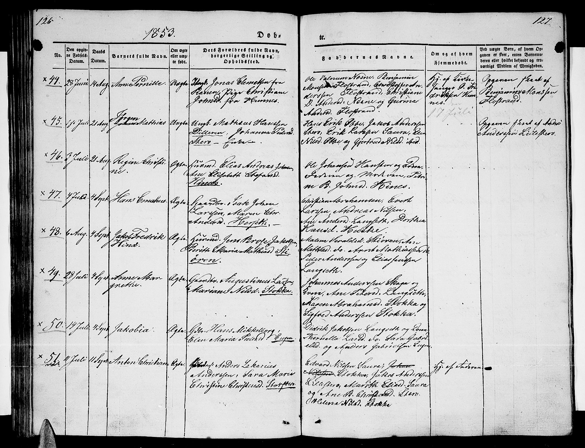 Ministerialprotokoller, klokkerbøker og fødselsregistre - Nordland, SAT/A-1459/838/L0555: Klokkerbok nr. 838C02, 1842-1861, s. 126-127