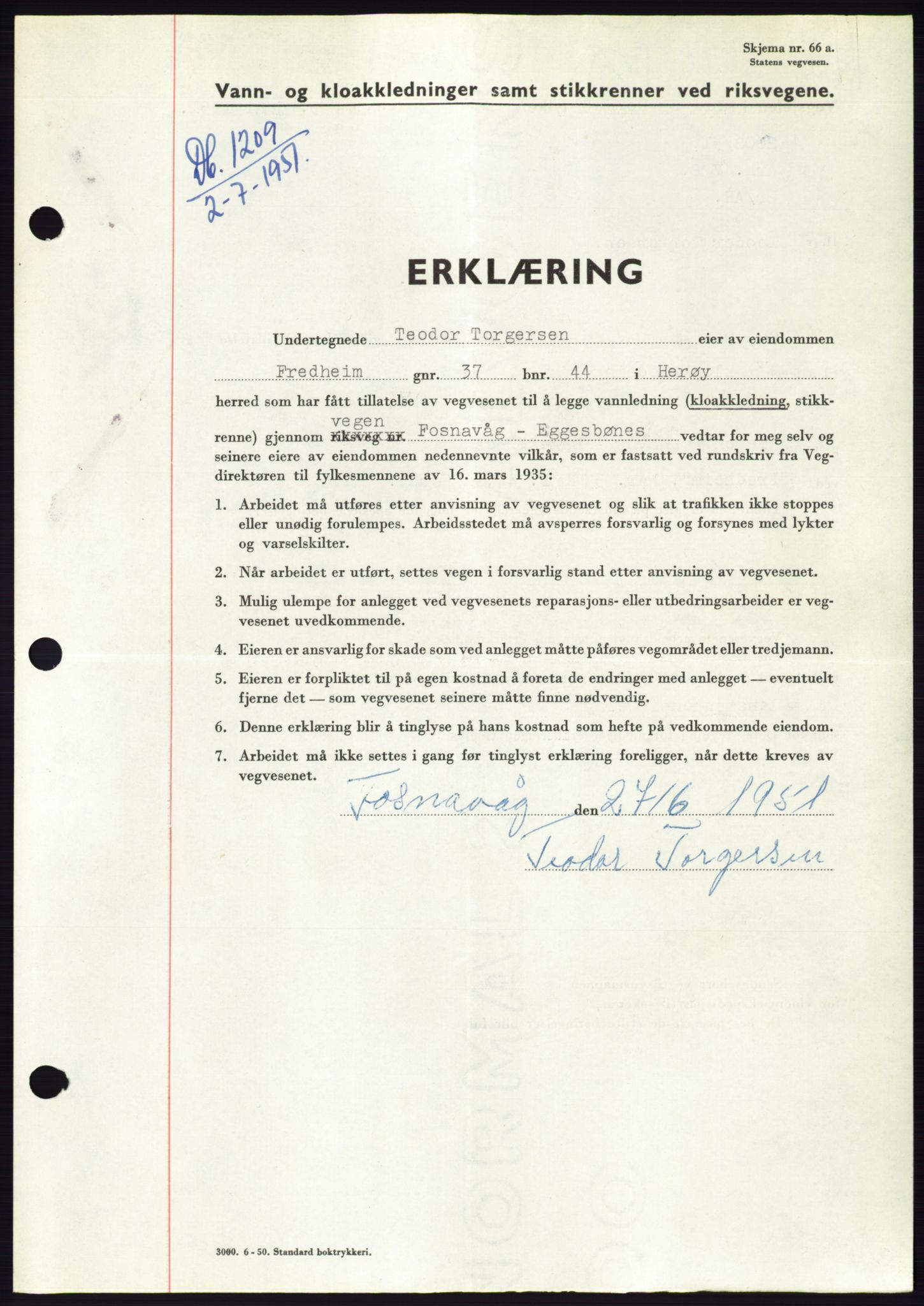 Søre Sunnmøre sorenskriveri, AV/SAT-A-4122/1/2/2C/L0089: Pantebok nr. 15A, 1951-1951, Dagboknr: 1209/1951