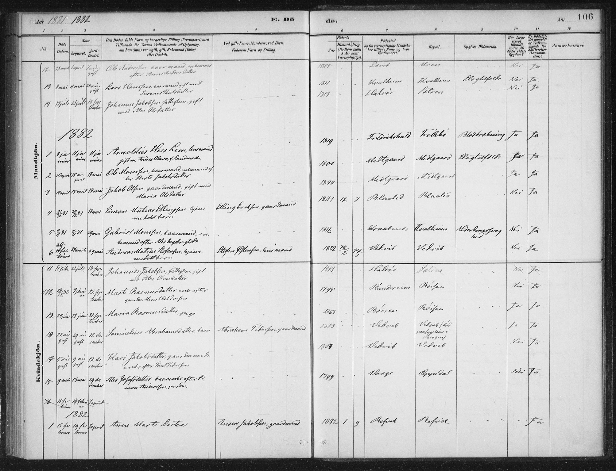 Selje sokneprestembete, SAB/A-99938/H/Ha/Haa/Haac/L0001: Ministerialbok nr. C  1, 1881-1888, s. 106