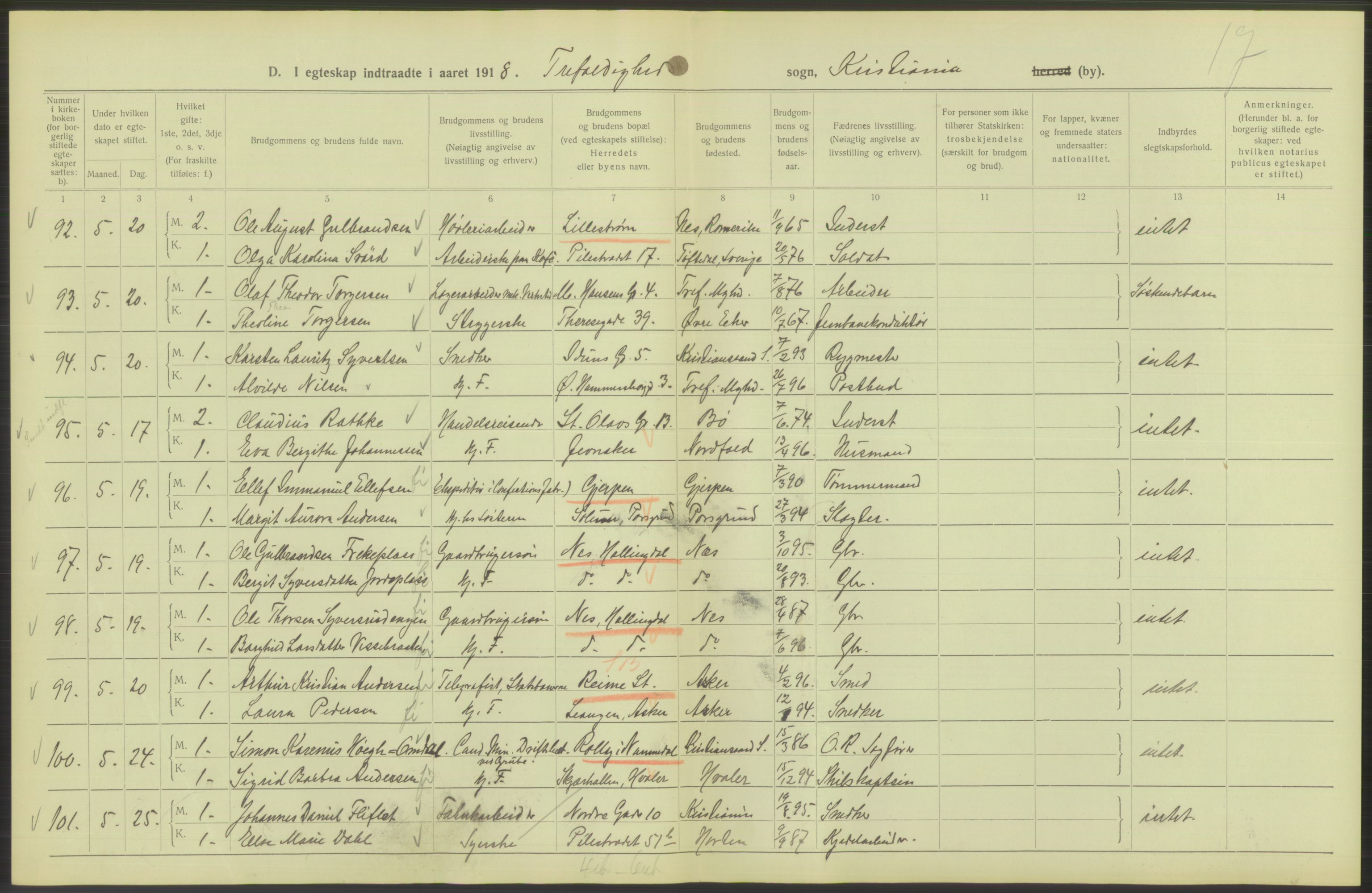 Statistisk sentralbyrå, Sosiodemografiske emner, Befolkning, AV/RA-S-2228/D/Df/Dfb/Dfbh/L0009: Kristiania: Gifte, 1918, s. 244