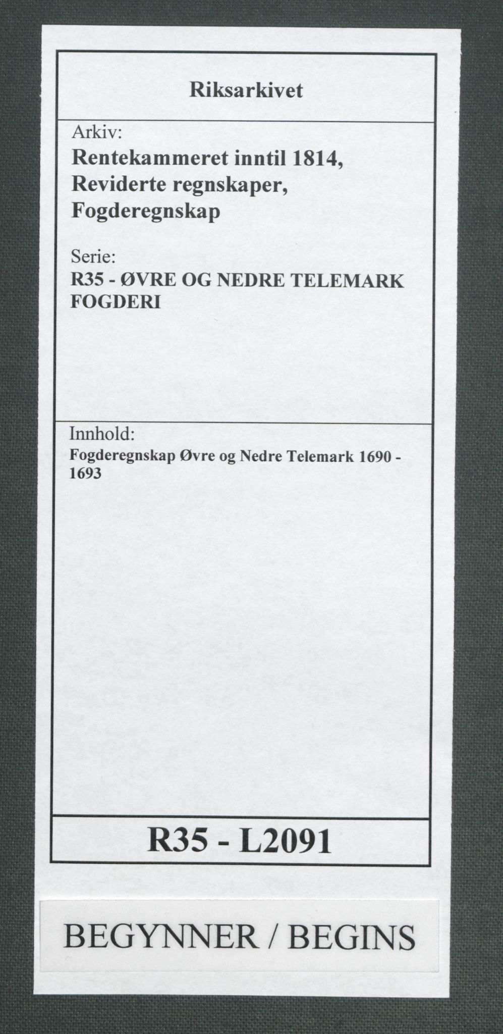 Rentekammeret inntil 1814, Reviderte regnskaper, Fogderegnskap, AV/RA-EA-4092/R35/L2091: Fogderegnskap Øvre og Nedre Telemark, 1690-1693, s. 1