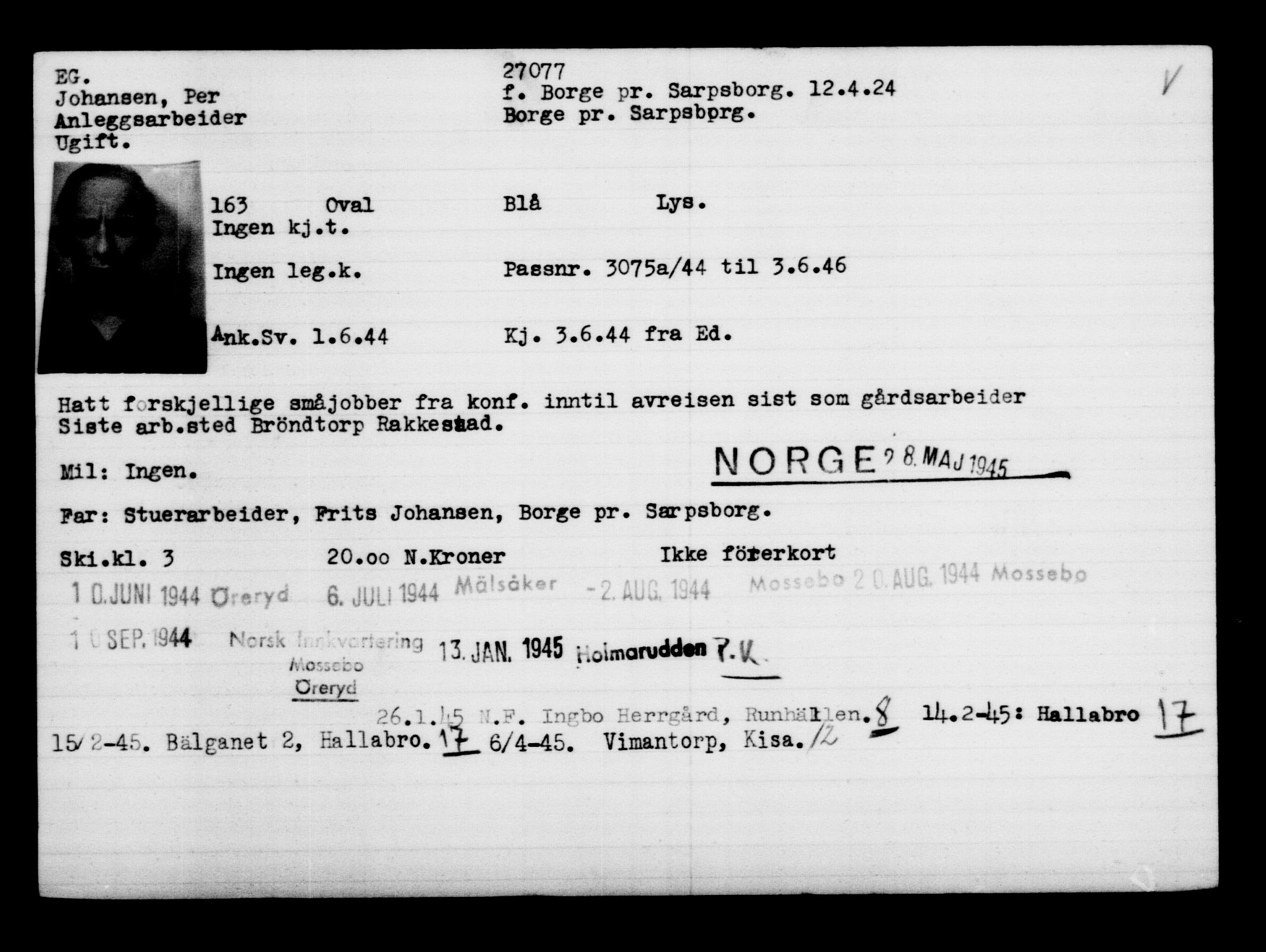Utenriksstasjonene, Legasjonen i Stockholm, Flyktningkontoret, AV/RA-S-6753/V/Va/L0011: Kjesäterkartoteket, flyktninger med registreringsnr. 25300-28349, 1940-1945, s. 1876