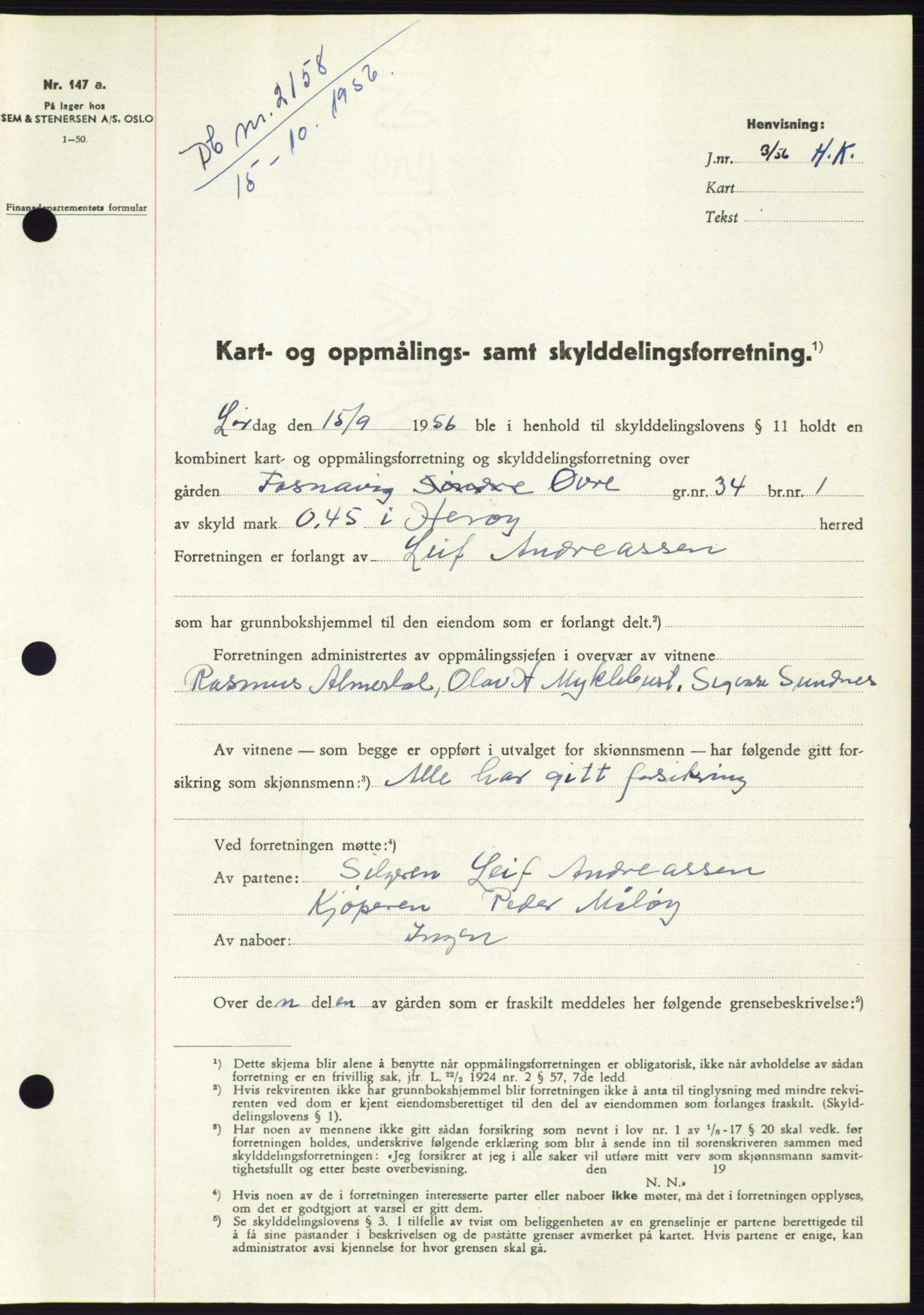 Søre Sunnmøre sorenskriveri, AV/SAT-A-4122/1/2/2C/L0104: Pantebok nr. 30A, 1956-1956, Dagboknr: 2158/1956