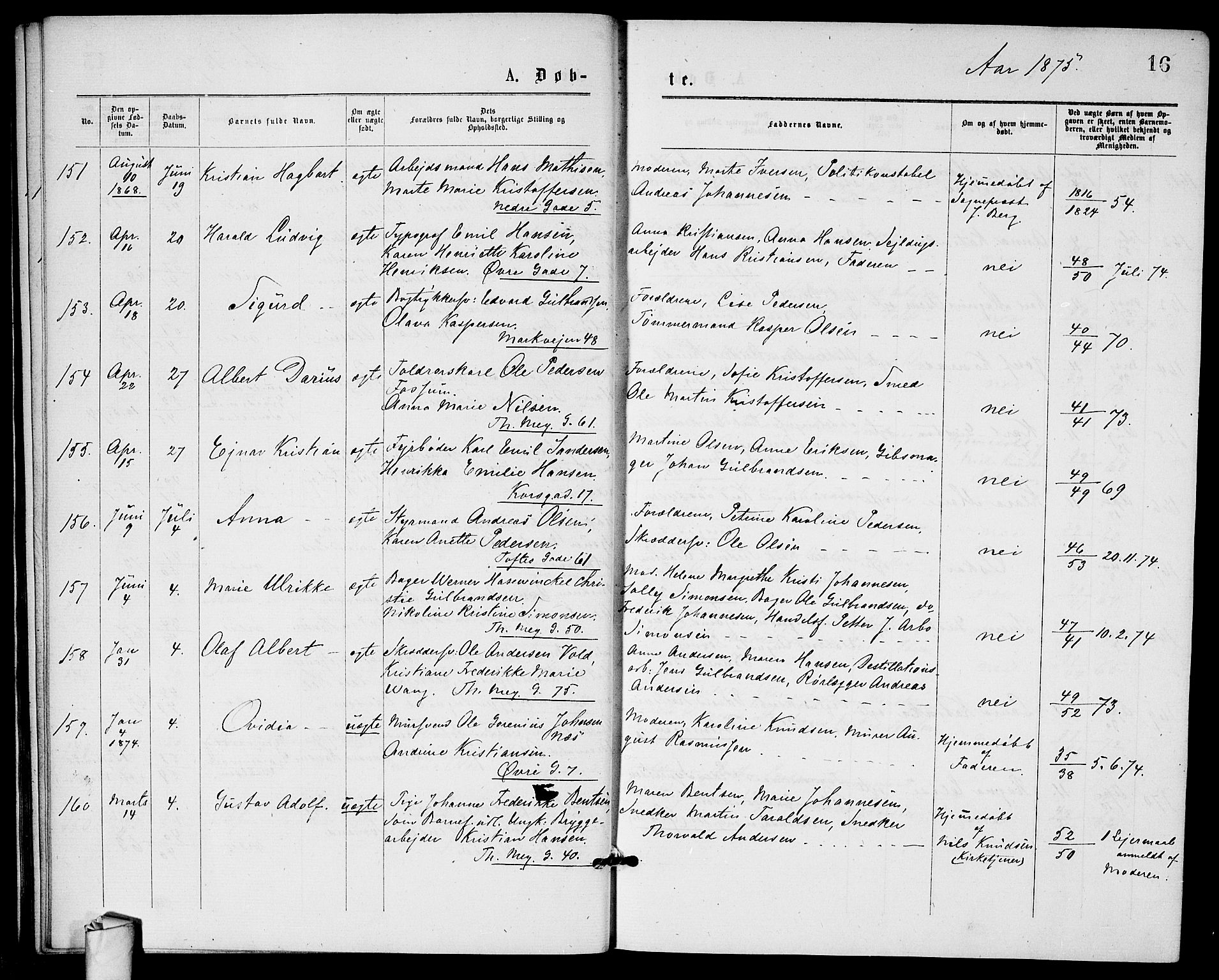 Paulus prestekontor Kirkebøker, AV/SAO-A-10871/G/Ga/L0001: Klokkerbok nr. 1, 1875-1878, s. 16