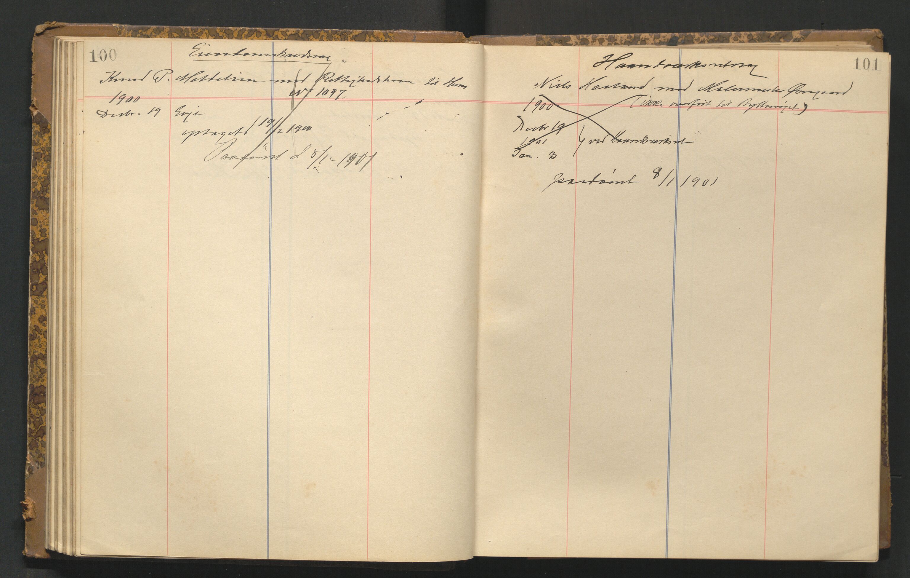 Stavanger byfogd, AV/SAST-A-101408/001/3/32/32A/L0003: Saksliste for Stavanger byting, 1900-1903, s. 100-101