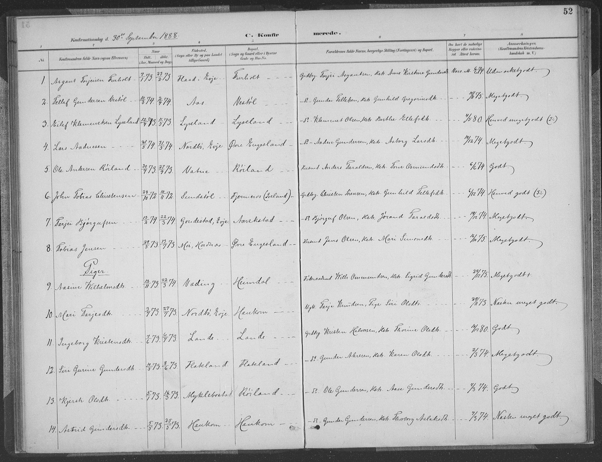 Herefoss sokneprestkontor, AV/SAK-1111-0019/F/Fa/Fab/L0004: Ministerialbok nr. A 4, 1887-1909, s. 52