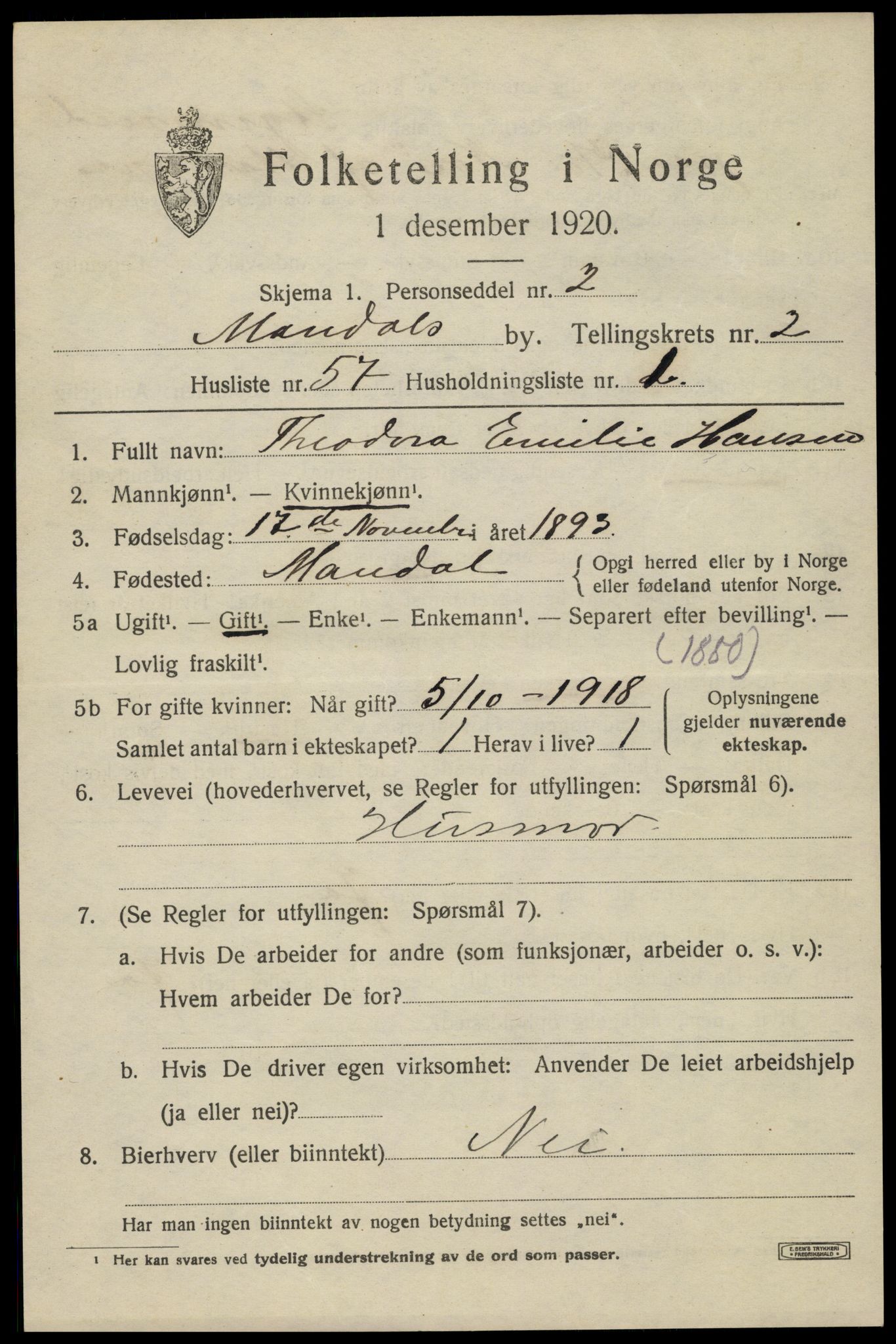 SAK, Folketelling 1920 for 1002 Mandal ladested, 1920, s. 4739