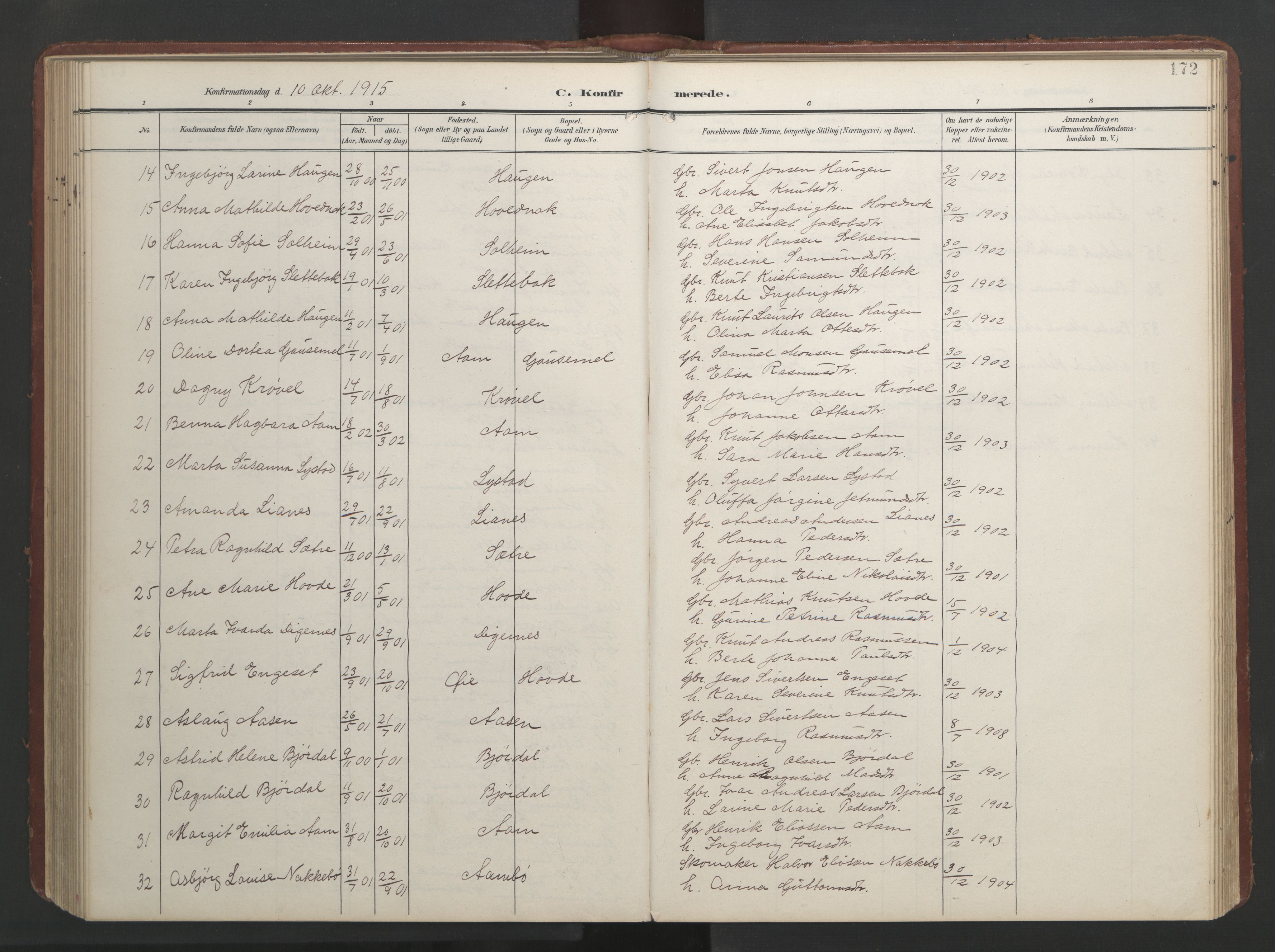 Ministerialprotokoller, klokkerbøker og fødselsregistre - Møre og Romsdal, AV/SAT-A-1454/513/L0190: Klokkerbok nr. 513C04, 1904-1926, s. 172