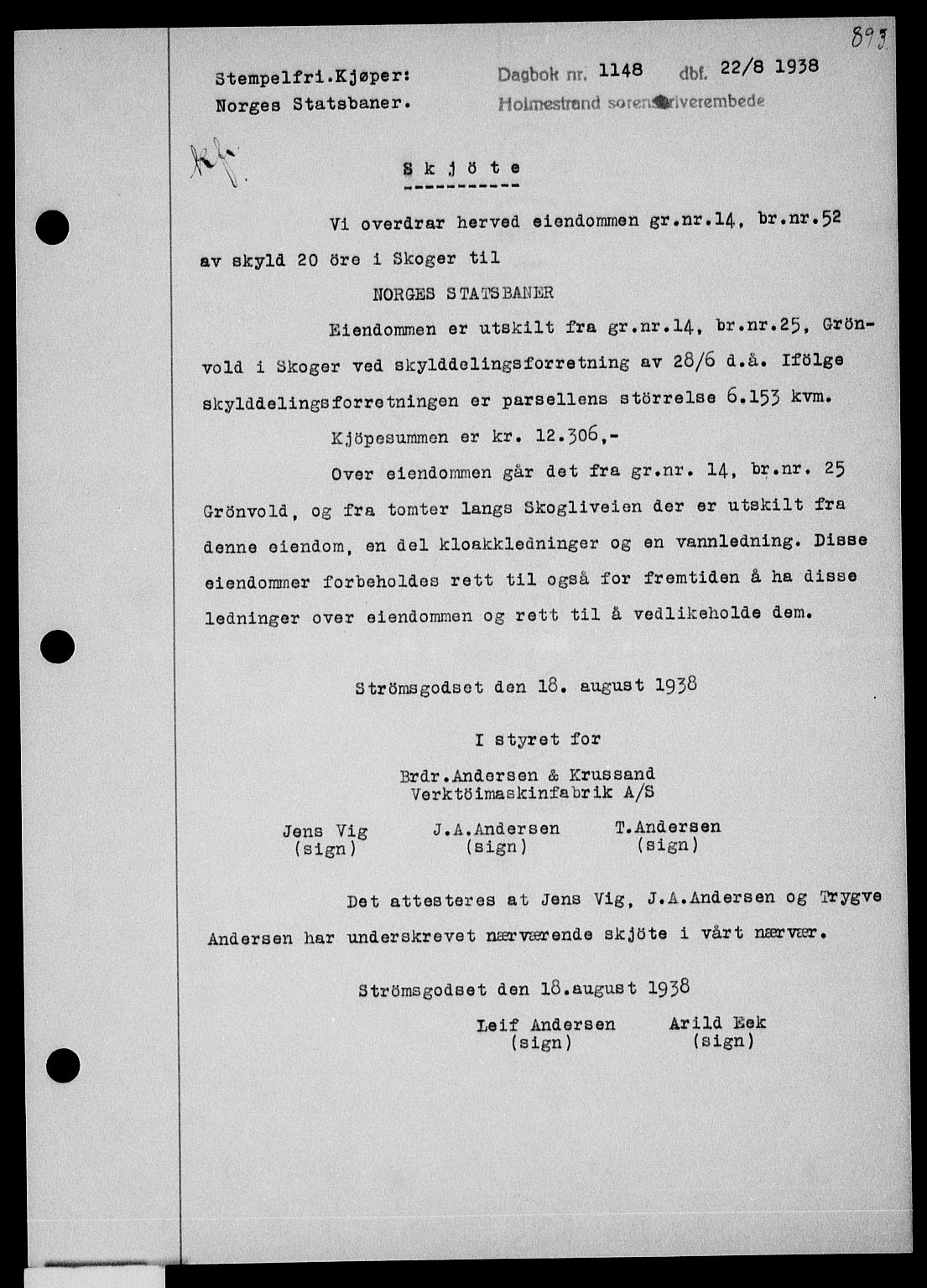 Holmestrand sorenskriveri, SAKO/A-67/G/Ga/Gaa/L0049: Pantebok nr. A-49, 1937-1938, Dagboknr: 1148/1938