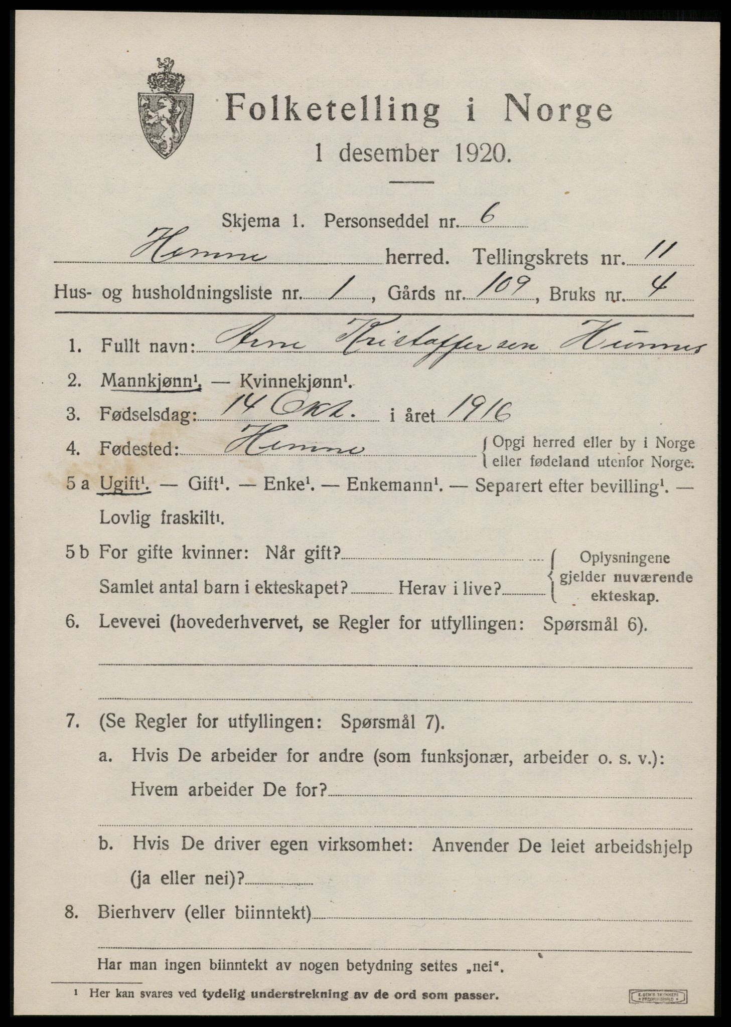 SAT, Folketelling 1920 for 1612 Hemne herred, 1920, s. 6516