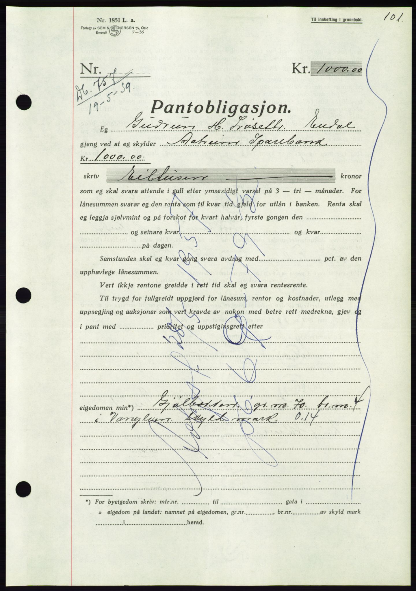 Søre Sunnmøre sorenskriveri, AV/SAT-A-4122/1/2/2C/L0068: Pantebok nr. 62, 1939-1939, Dagboknr: 757/1939