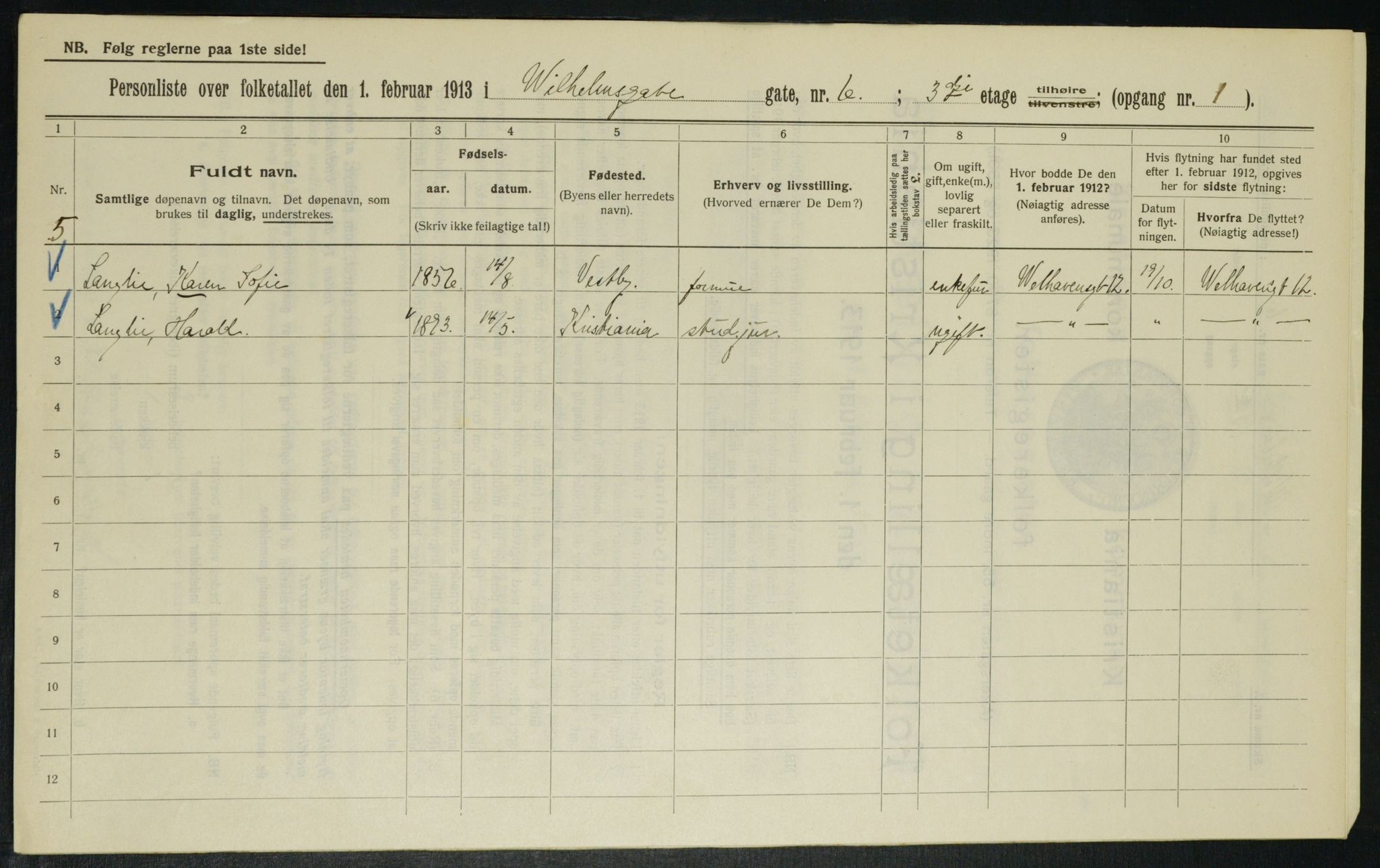 OBA, Kommunal folketelling 1.2.1913 for Kristiania, 1913, s. 128145