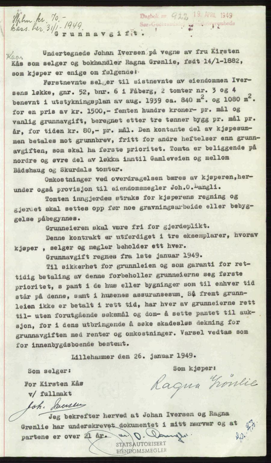 Sør-Gudbrandsdal tingrett, SAH/TING-004/H/Hb/Hbd/L0024: Pantebok nr. A24, 1948-1949, Dagboknr: 922/1949