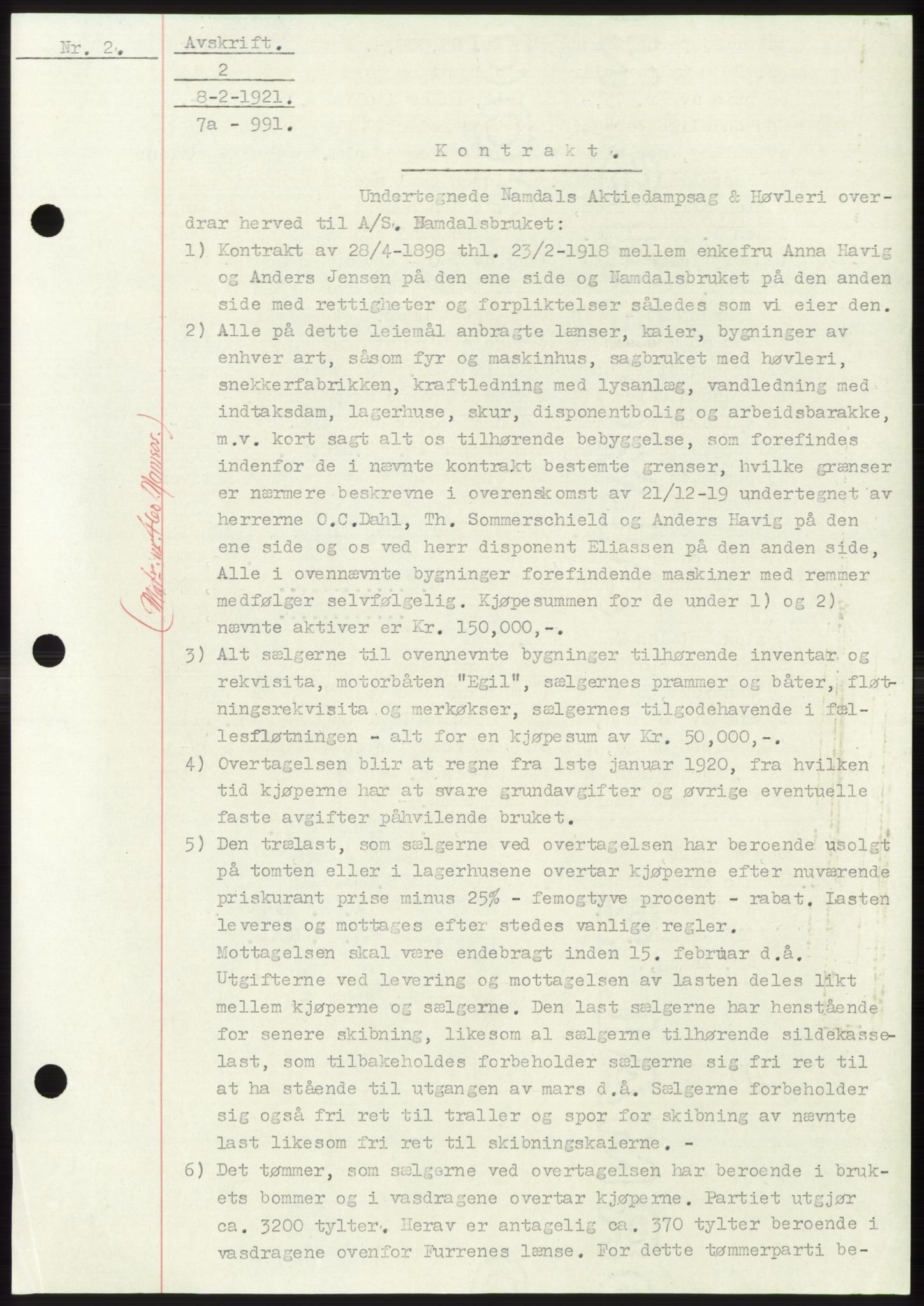 Namdal sorenskriveri, SAT/A-4133/1/2/2C: Pantebok nr. -, 1916-1921, Tingl.dato: 08.02.1921