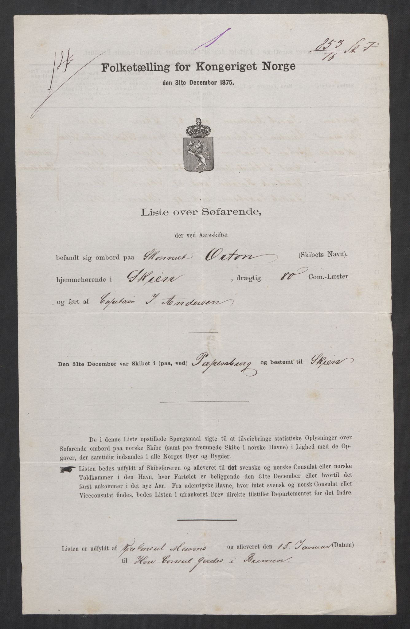 RA, Folketelling 1875, skipslister: Skip i utenrikske havner, hjemmehørende i byer og ladesteder, Fredrikshald - Arendal, 1875, s. 868