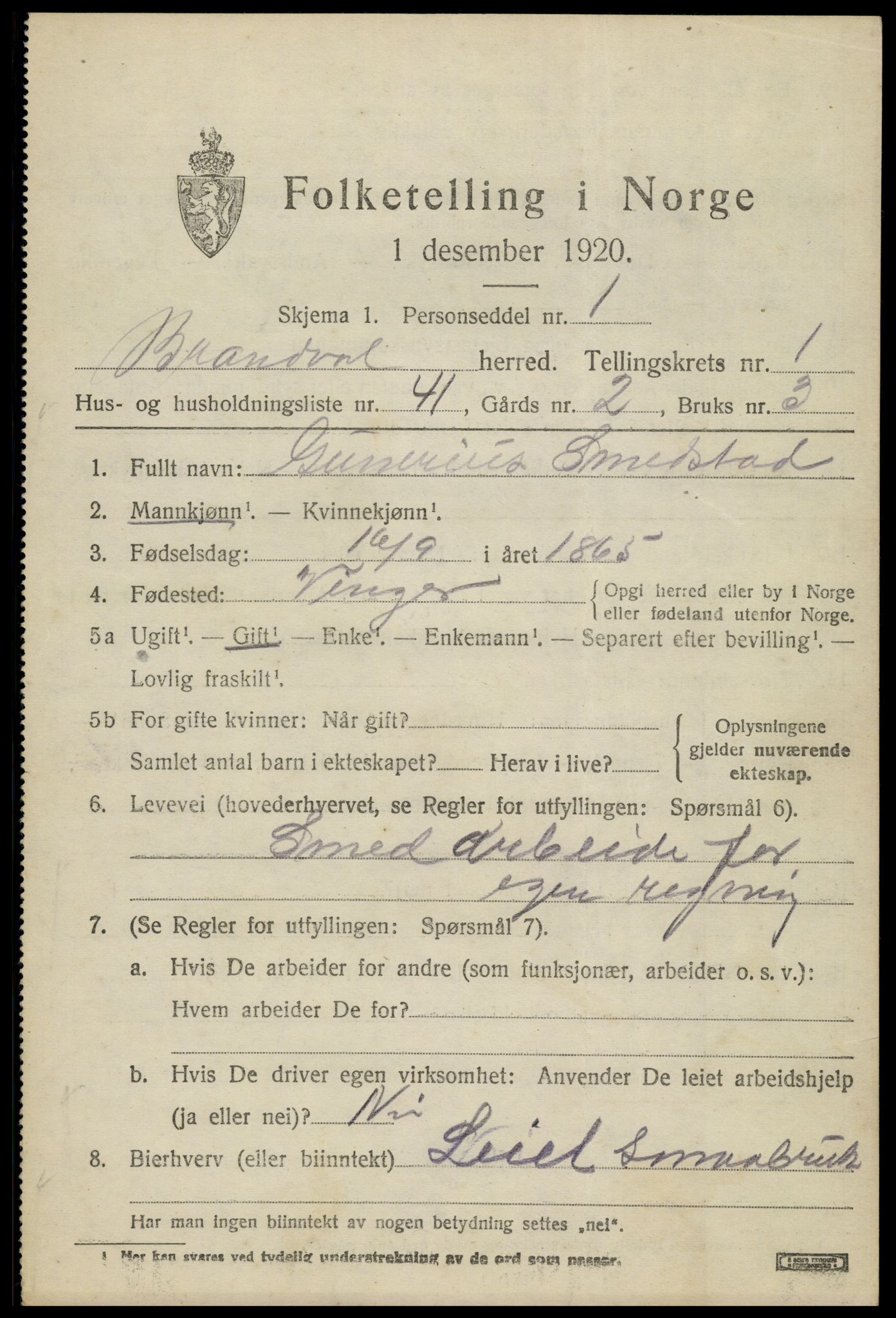 SAH, Folketelling 1920 for 0422 Brandval herred, 1920, s. 2044
