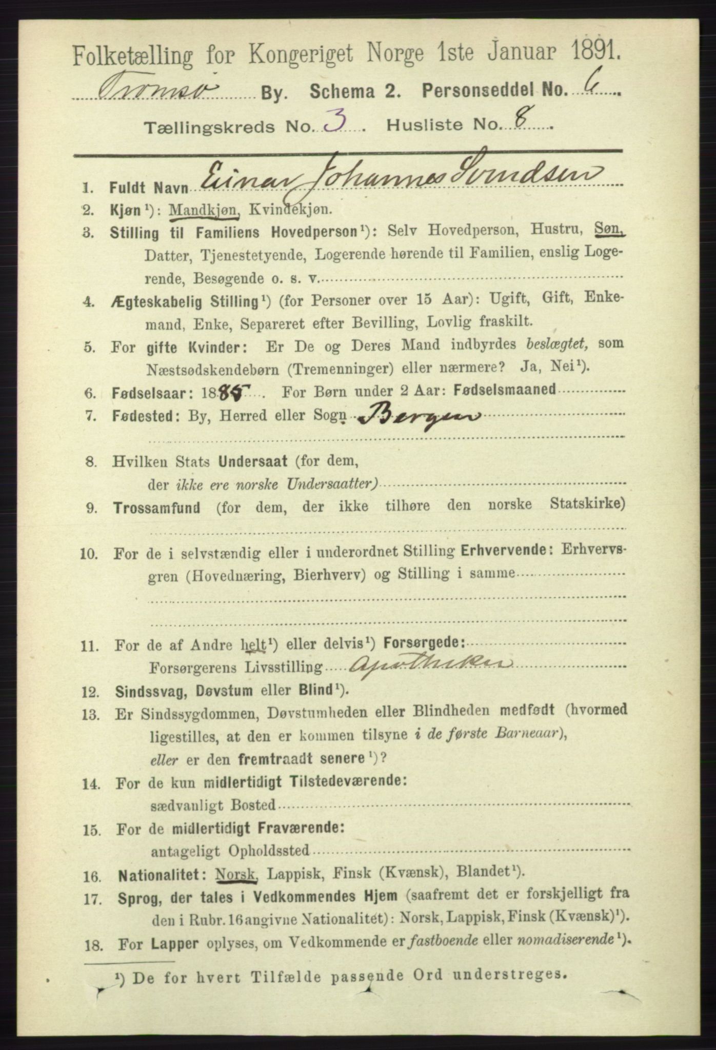 RA, Folketelling 1891 for 1902 Tromsø kjøpstad, 1891, s. 3249