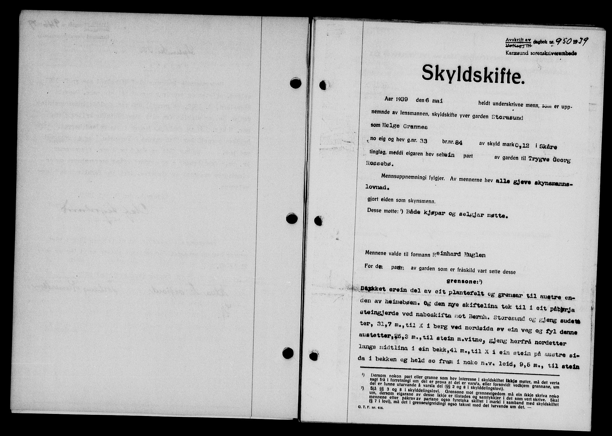 Karmsund sorenskriveri, SAST/A-100311/01/II/IIB/L0071: Pantebok nr. 52A, 1939-1939, Dagboknr: 950/1939