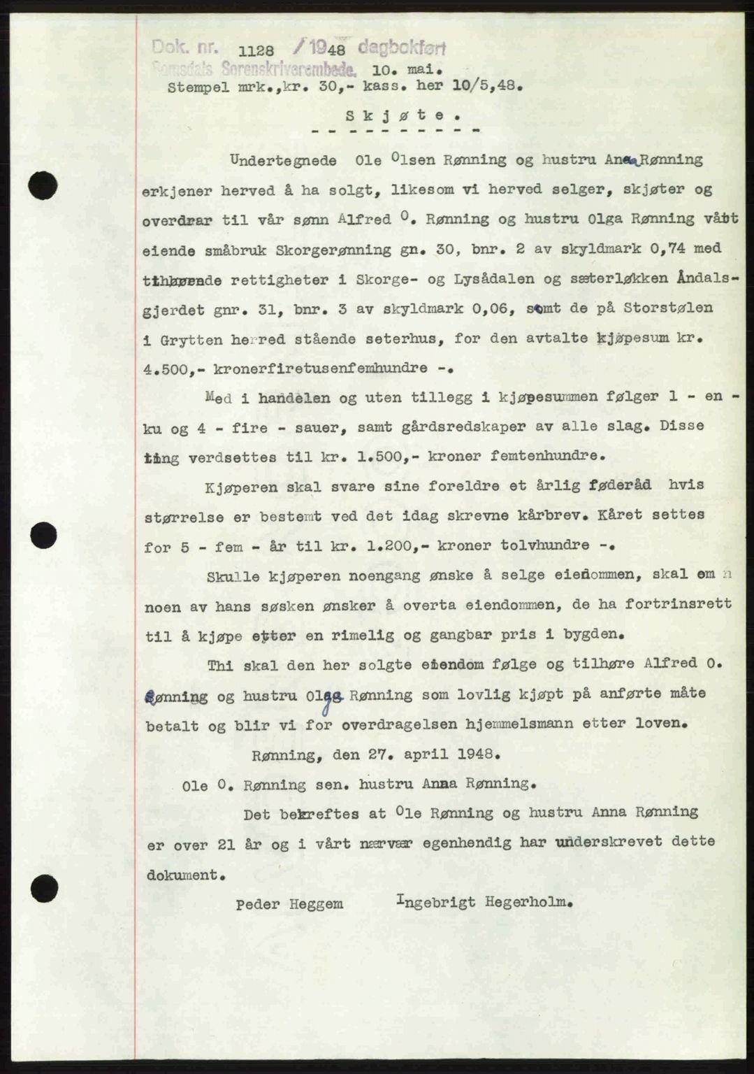 Romsdal sorenskriveri, SAT/A-4149/1/2/2C: Pantebok nr. A26, 1948-1948, Dagboknr: 1128/1948