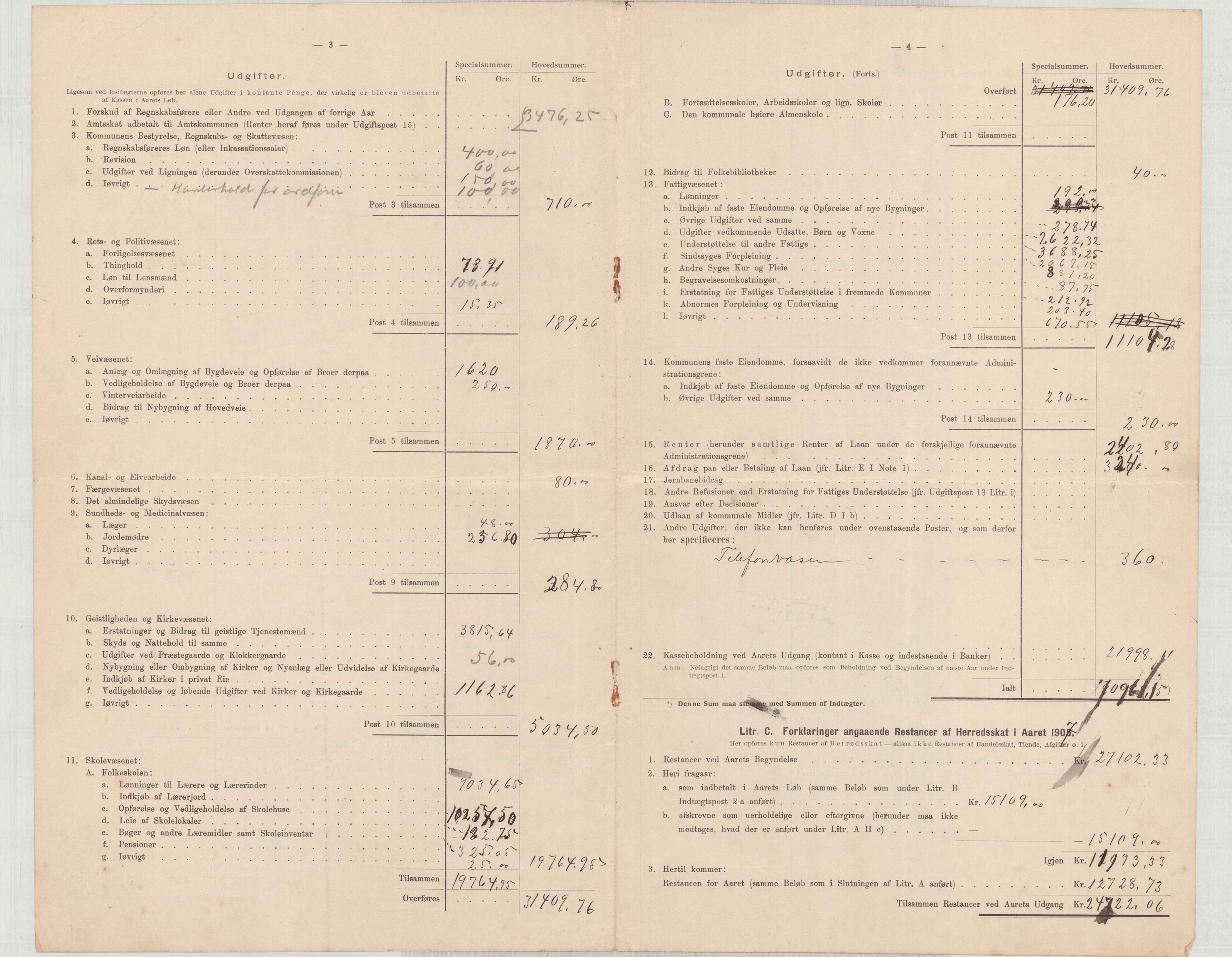 Finnaas kommune. Heradskassen, IKAH/1218a-121/R/Ra/Raa/L0001/0001: Årsrekneskap / Utdrag av kommunerekneskapet, 1904-1910, s. 22