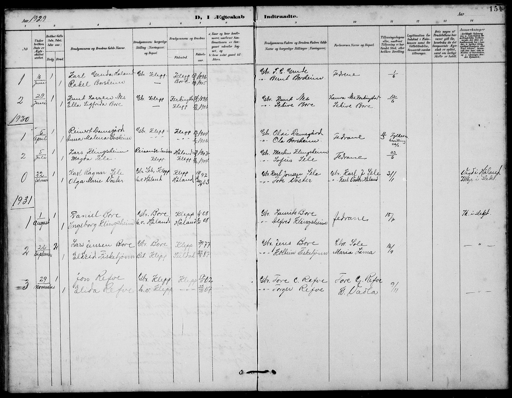 Klepp sokneprestkontor, AV/SAST-A-101803/001/3/30BB/L0006: Klokkerbok nr. B 6, 1889-1936, s. 154