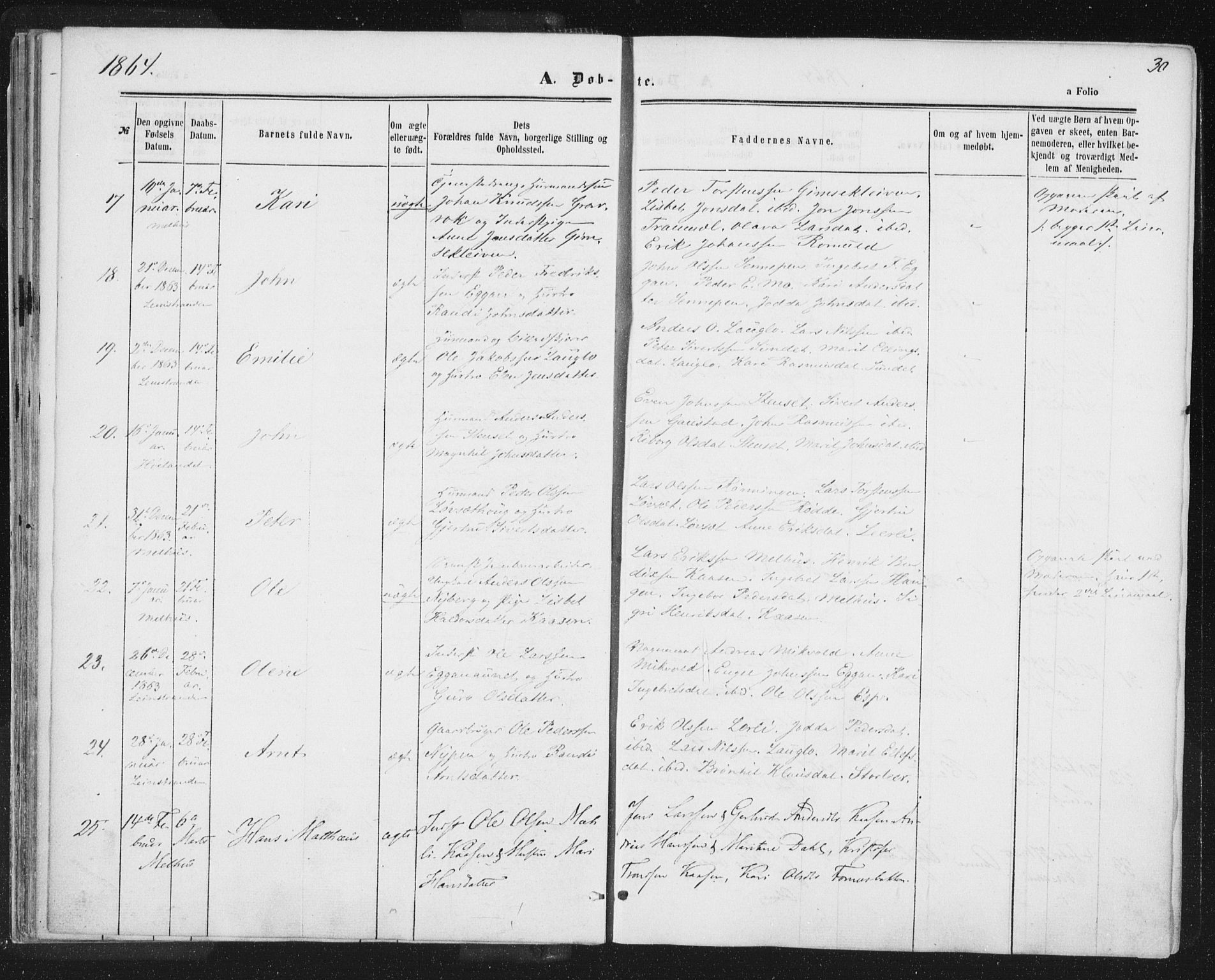Ministerialprotokoller, klokkerbøker og fødselsregistre - Sør-Trøndelag, SAT/A-1456/691/L1077: Ministerialbok nr. 691A09, 1862-1873, s. 30