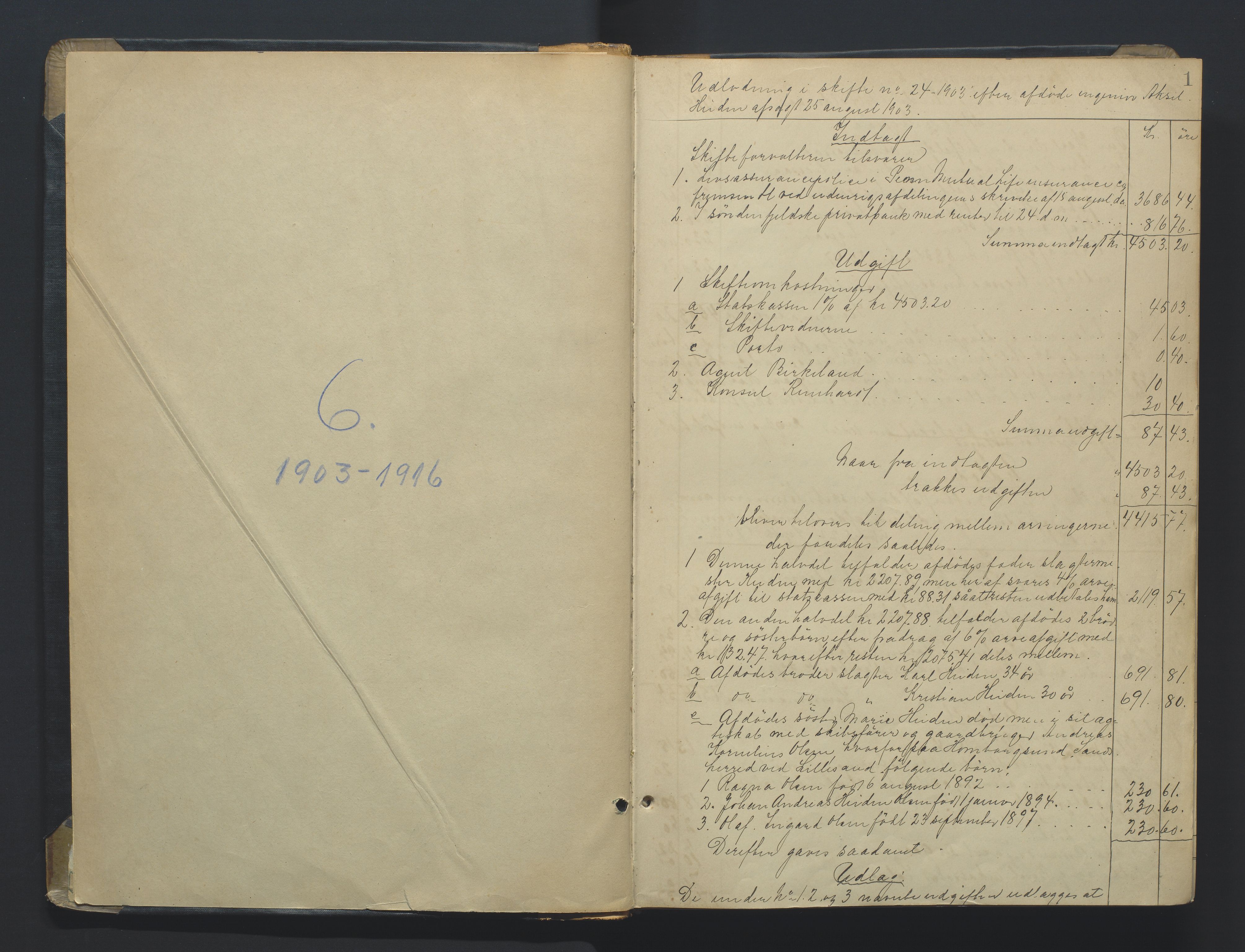 Kristiansand byrett, AV/SAK-1223-0001/H/Hc/L0060: Skifteutlodningsprotokoll nr. 6, med register, 1903-1916, s. 1