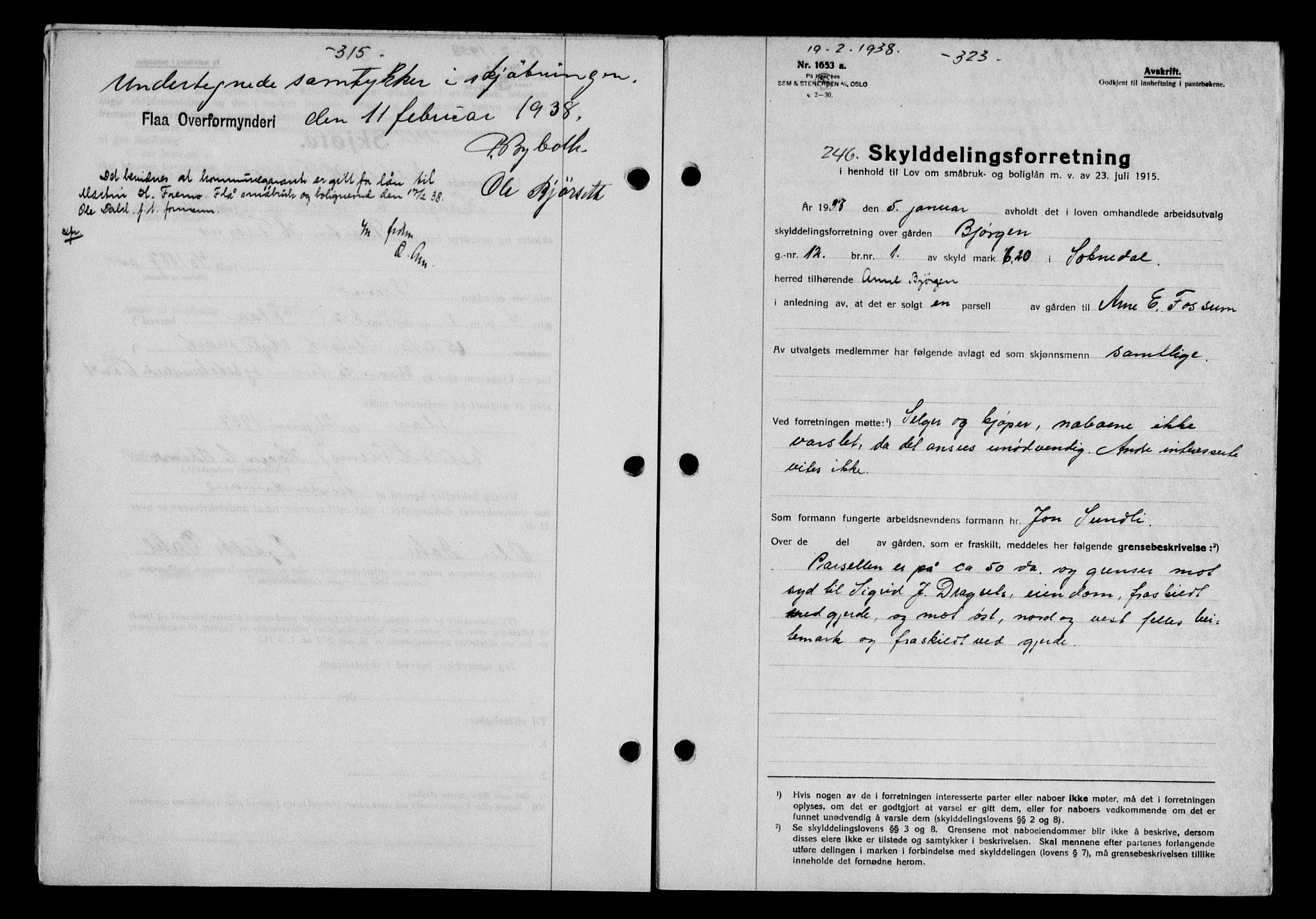 Gauldal sorenskriveri, SAT/A-0014/1/2/2C/L0048: Pantebok nr. 51-52, 1937-1938, s. 315, Dagboknr: 246/1938