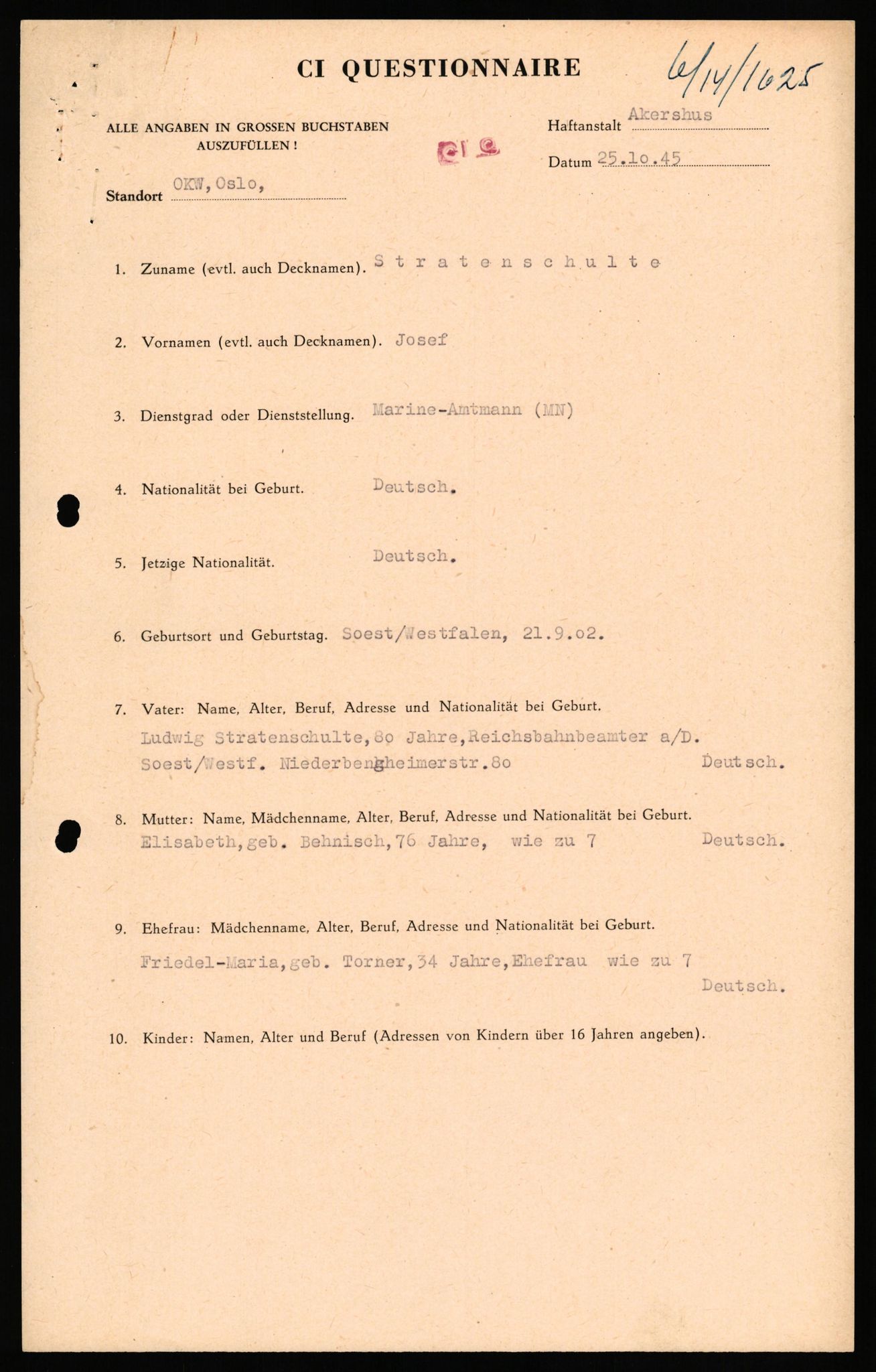 Forsvaret, Forsvarets overkommando II, AV/RA-RAFA-3915/D/Db/L0033: CI Questionaires. Tyske okkupasjonsstyrker i Norge. Tyskere., 1945-1946, s. 178