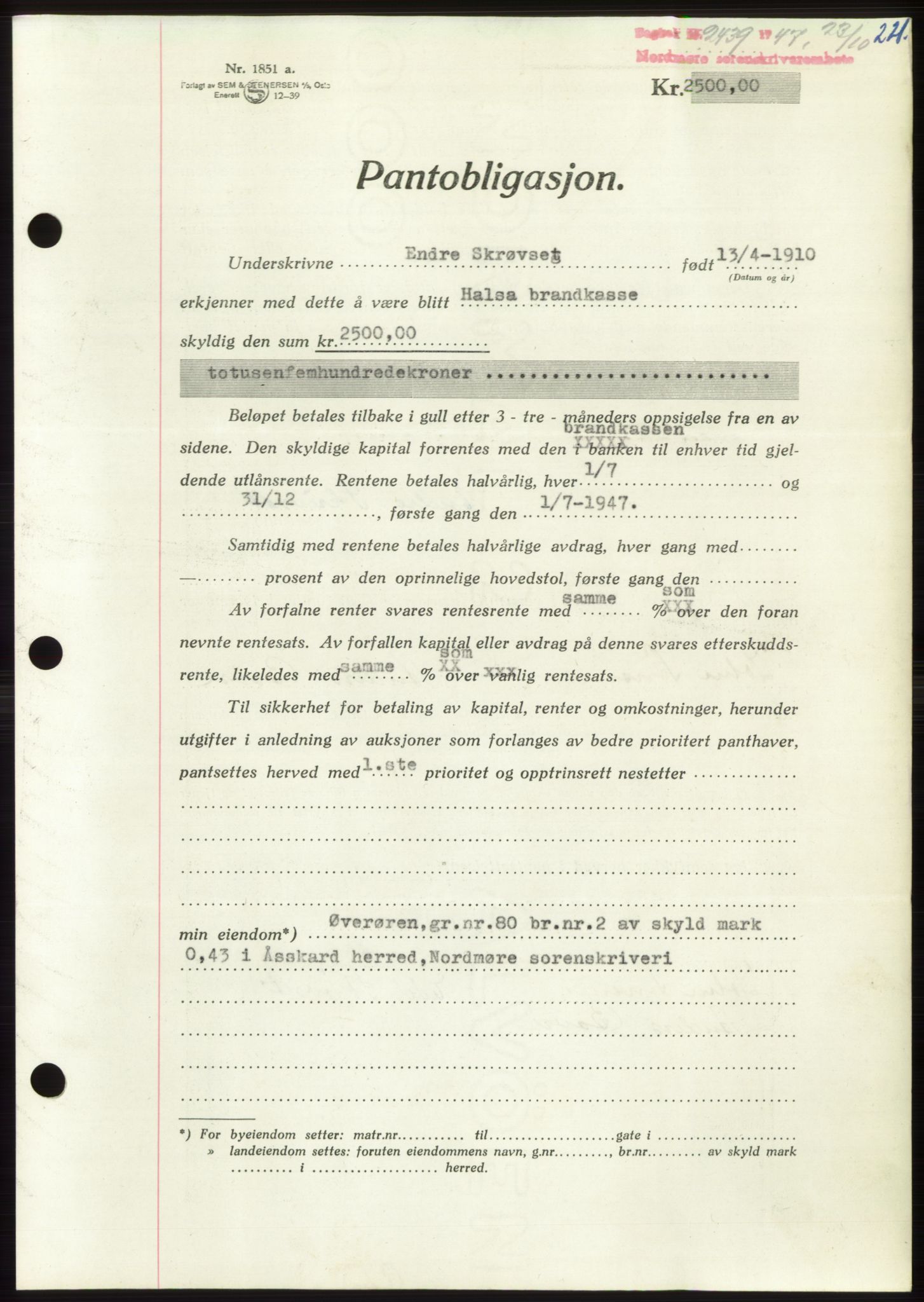 Nordmøre sorenskriveri, AV/SAT-A-4132/1/2/2Ca: Pantebok nr. B97, 1947-1948, Dagboknr: 2439/1947