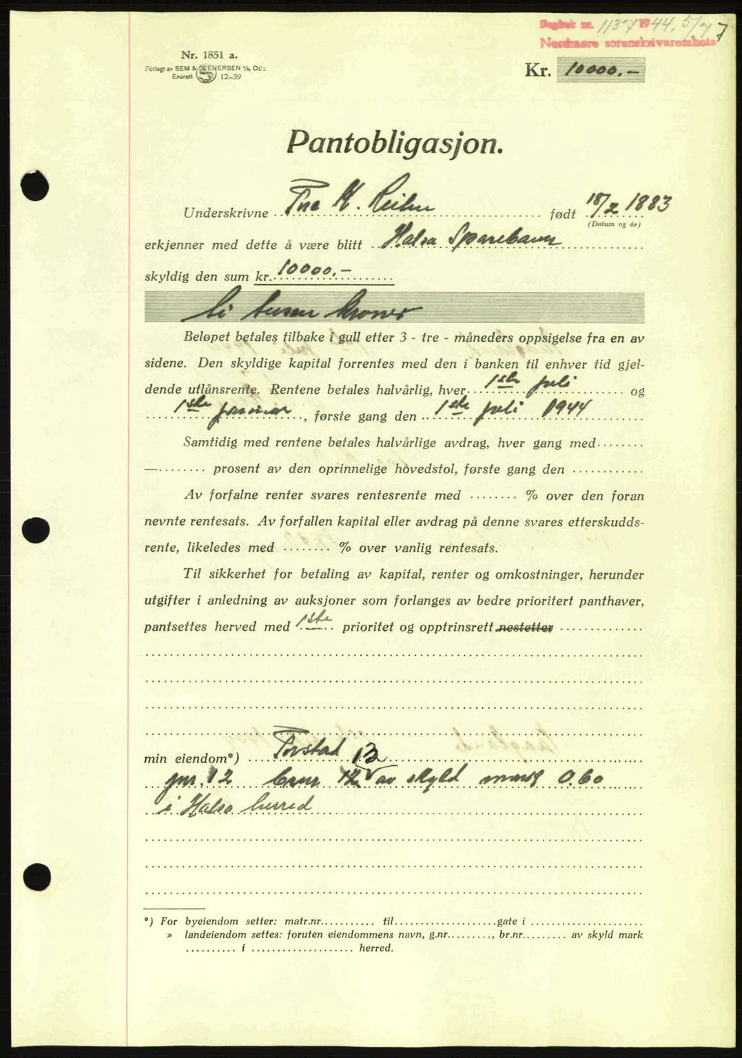 Nordmøre sorenskriveri, AV/SAT-A-4132/1/2/2Ca: Pantebok nr. B92, 1944-1945, Dagboknr: 1137/1944