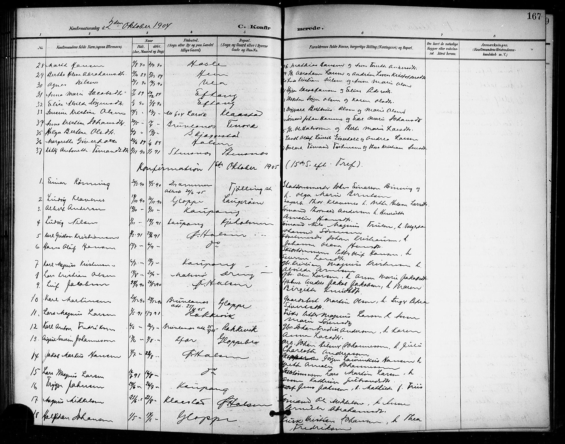 Tjølling kirkebøker, AV/SAKO-A-60/G/Ga/L0002: Klokkerbok nr. 2, 1895-1918, s. 167