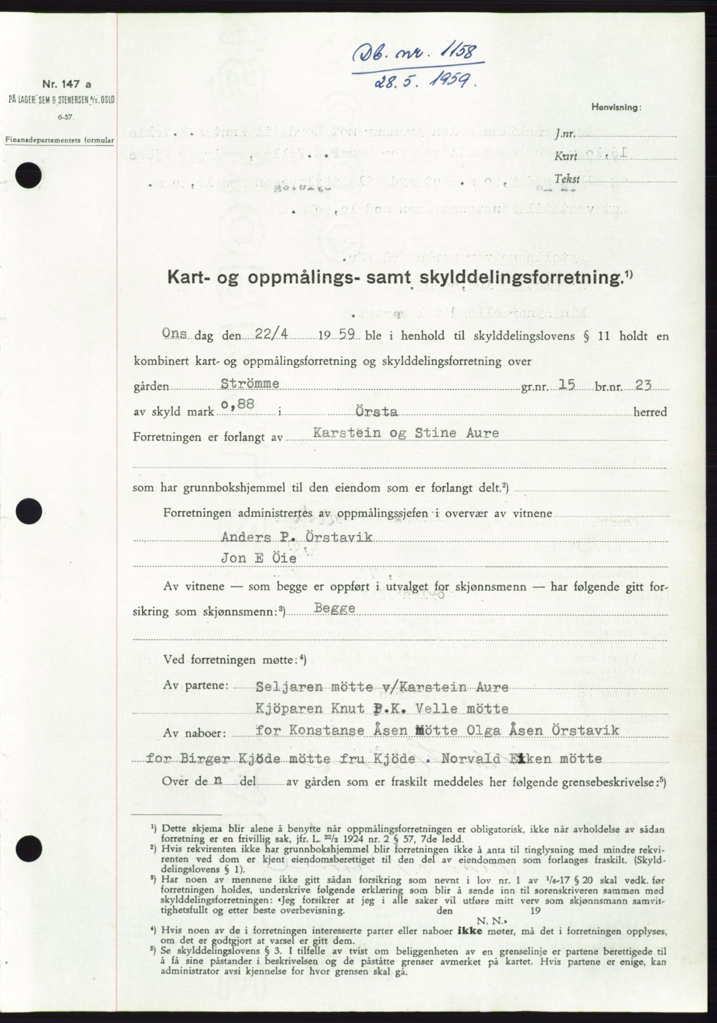 Søre Sunnmøre sorenskriveri, SAT/A-4122/1/2/2C/L0112: Pantebok nr. 38A, 1959-1959, Dagboknr: 1158/1959
