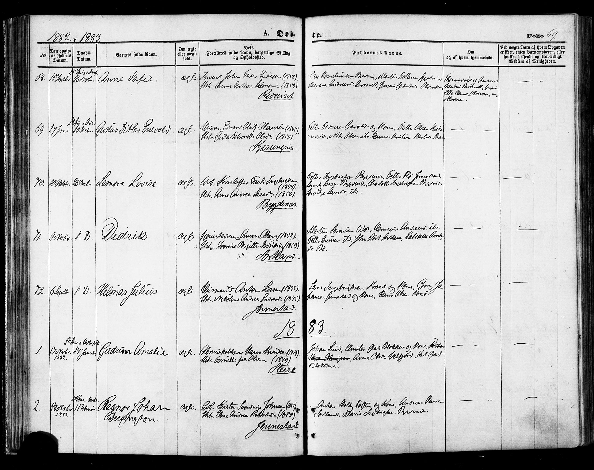 Ministerialprotokoller, klokkerbøker og fødselsregistre - Nordland, SAT/A-1459/895/L1370: Ministerialbok nr. 895A05, 1873-1884, s. 69