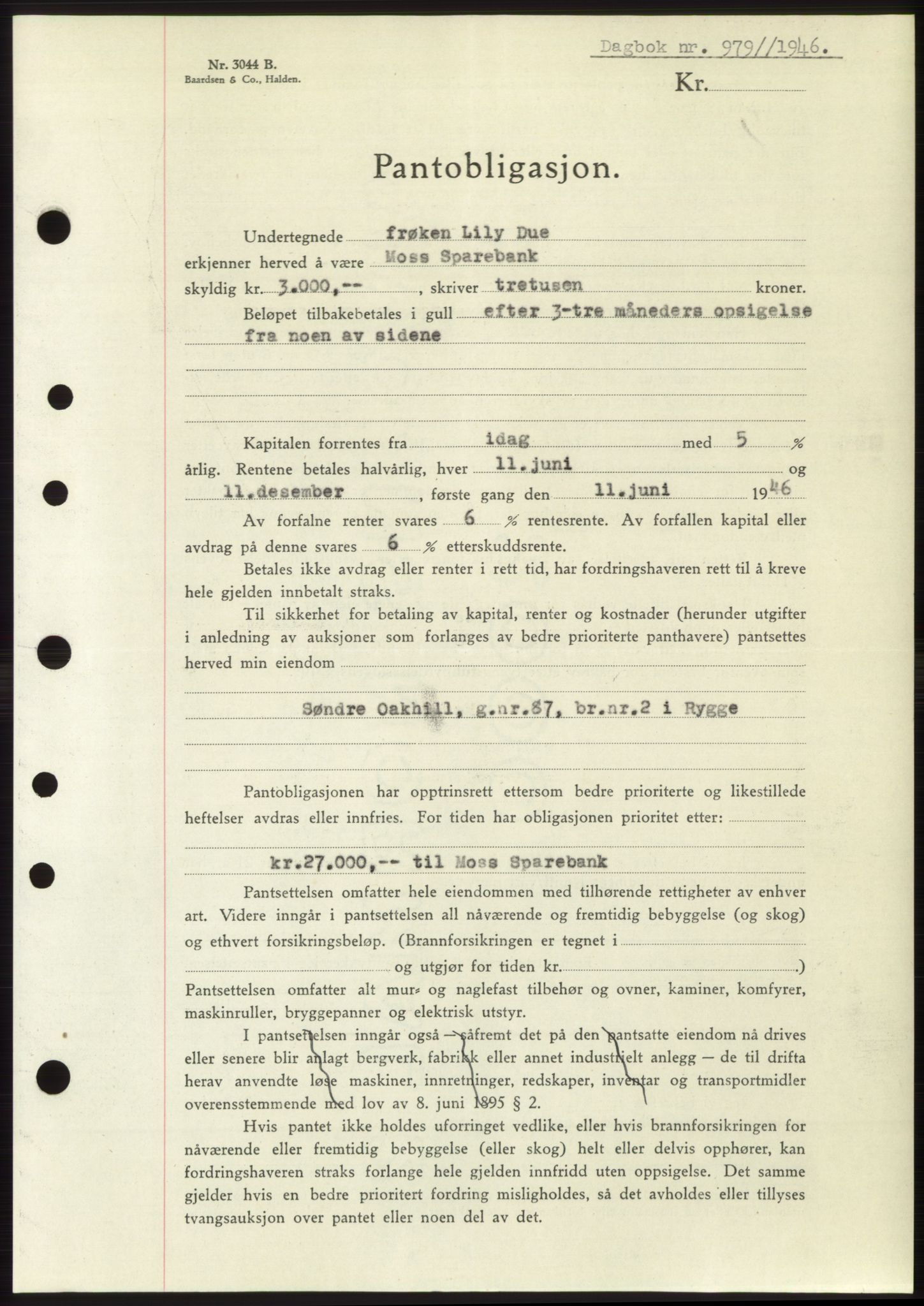 Moss sorenskriveri, SAO/A-10168: Pantebok nr. B15, 1946-1946, Dagboknr: 979/1946