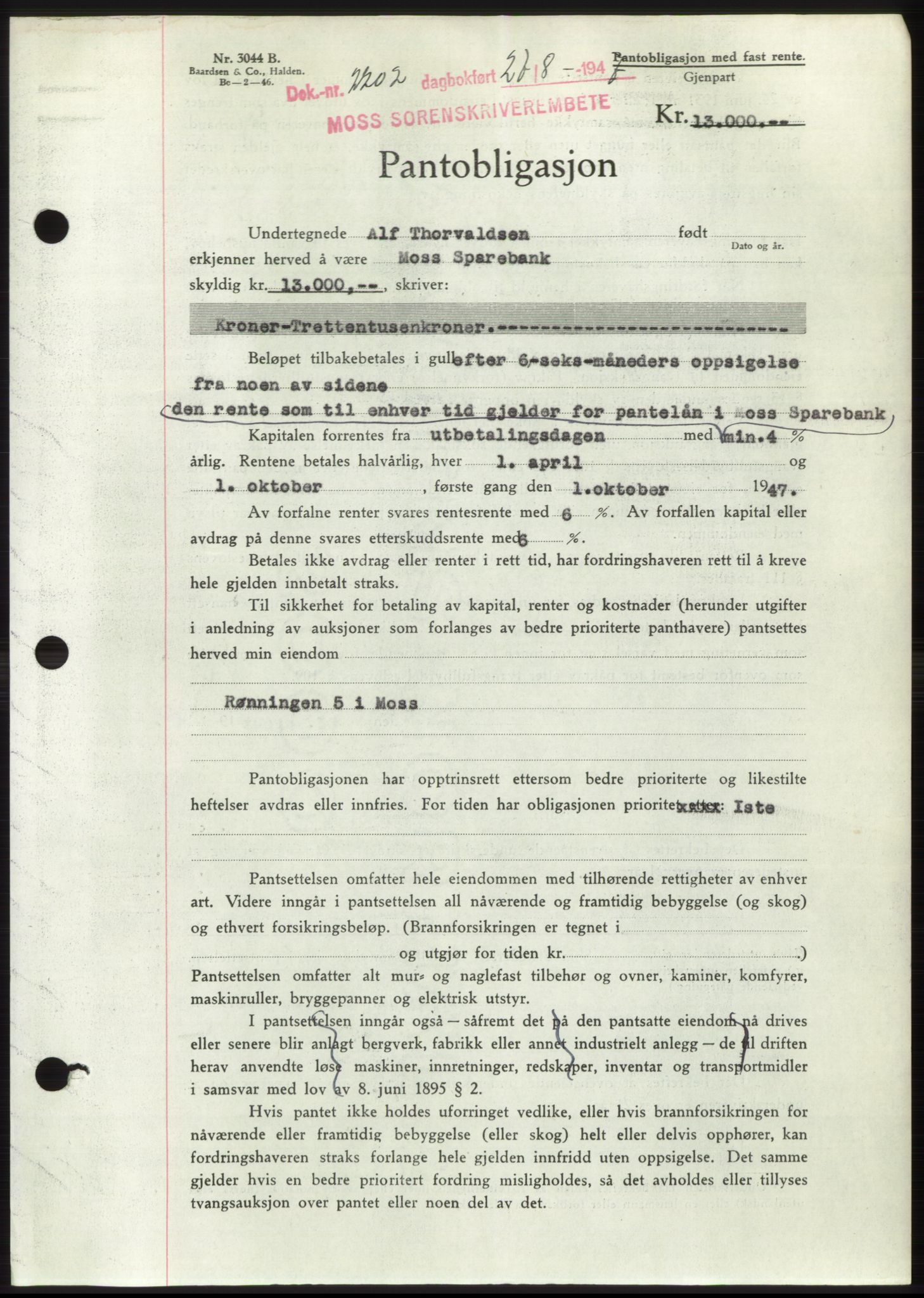 Moss sorenskriveri, SAO/A-10168: Pantebok nr. B17, 1947-1947, Dagboknr: 2202/1947