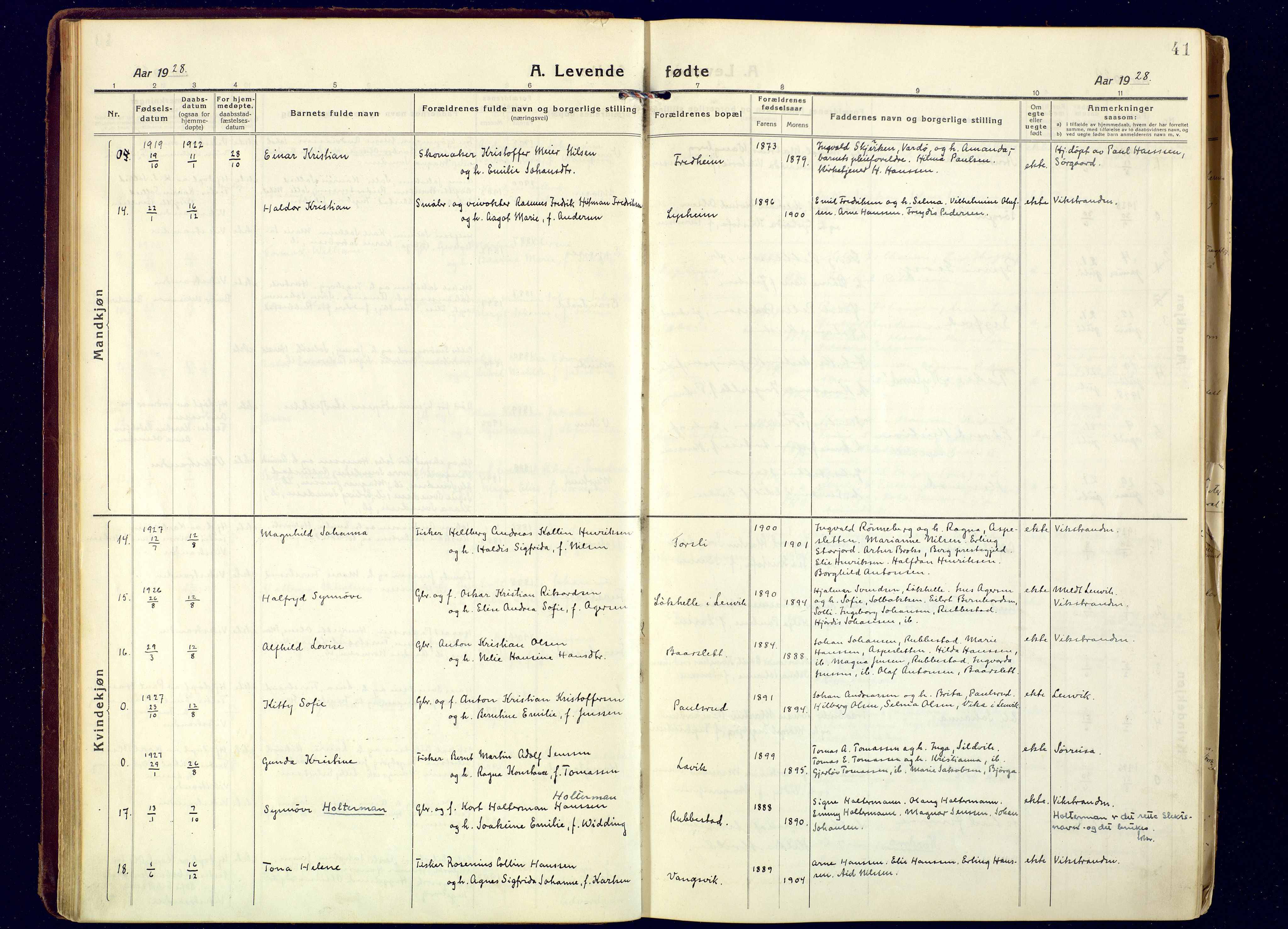 Tranøy sokneprestkontor, AV/SATØ-S-1313/I/Ia/Iaa/L0016kirke: Ministerialbok nr. 16, 1919-1932, s. 41