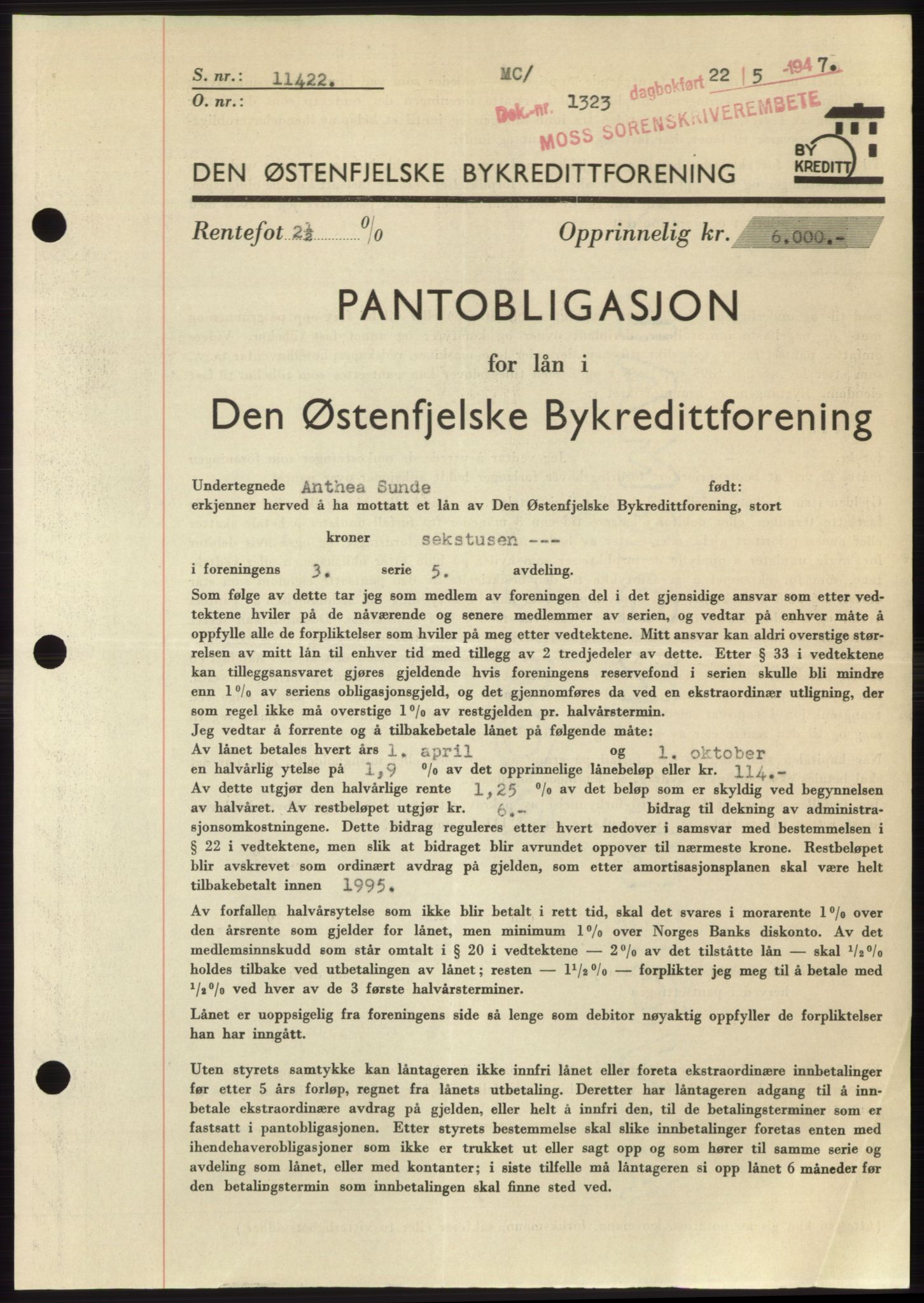 Moss sorenskriveri, SAO/A-10168: Pantebok nr. B17, 1947-1947, Dagboknr: 1323/1947