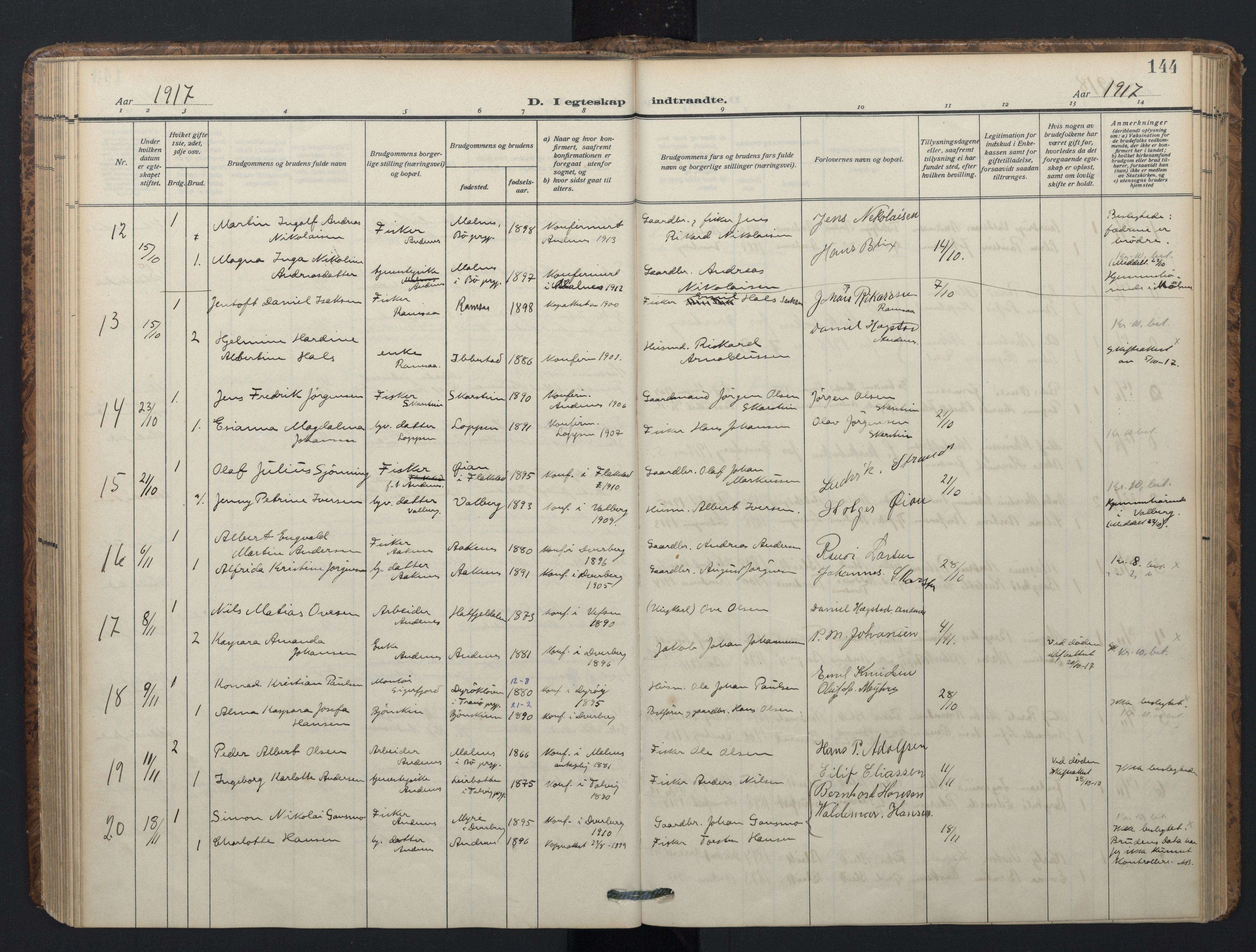 Ministerialprotokoller, klokkerbøker og fødselsregistre - Nordland, AV/SAT-A-1459/899/L1438: Ministerialbok nr. 899A06, 1909-1922, s. 144